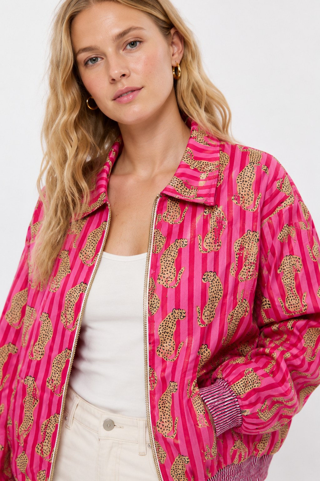 Image of Pink Cotton Bomber Jacket with Leopard Print & Striped Pattern | Thalia