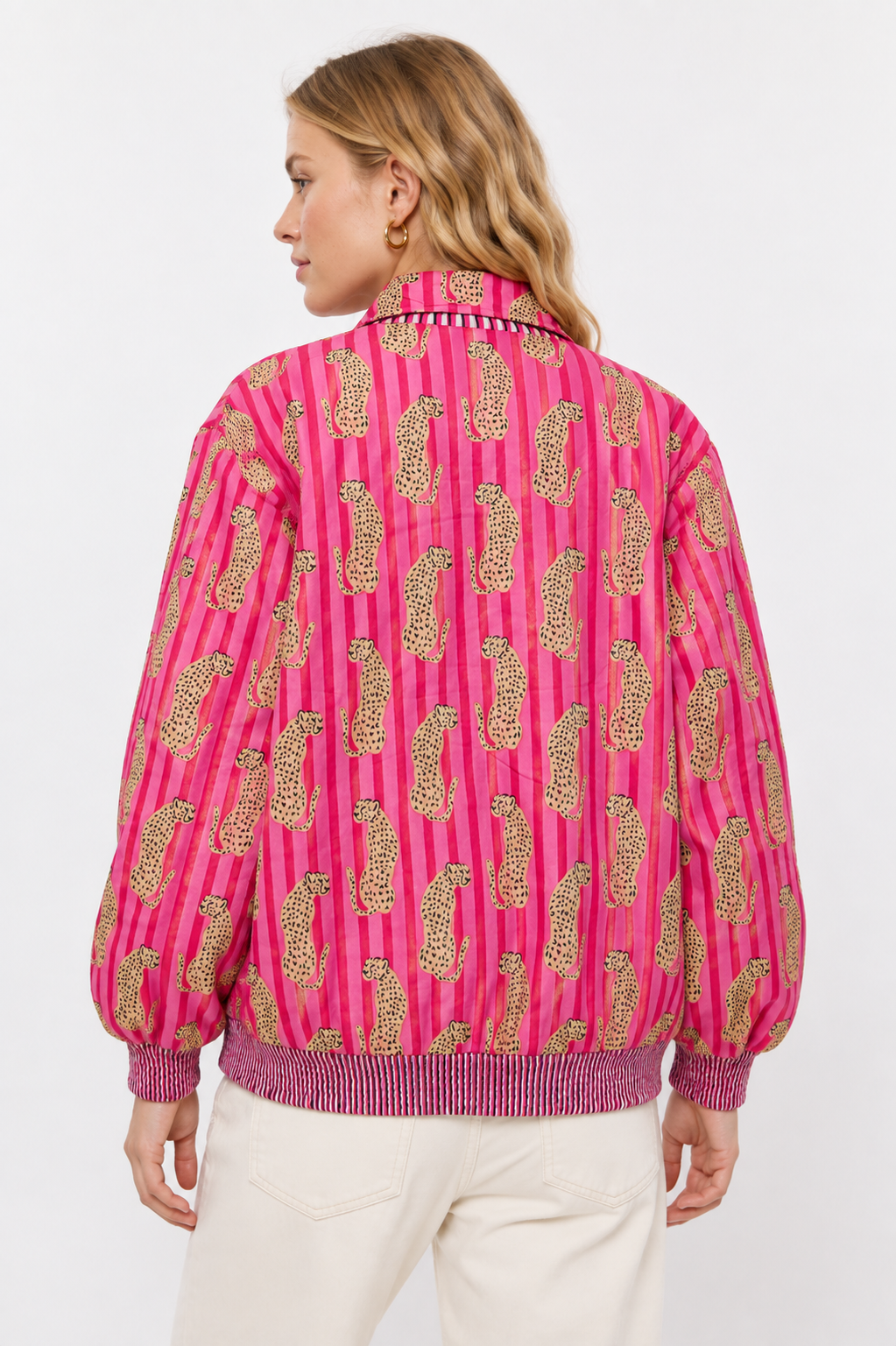 Image of Pink Cotton Bomber Jacket with Leopard Print & Striped Pattern | Thalia