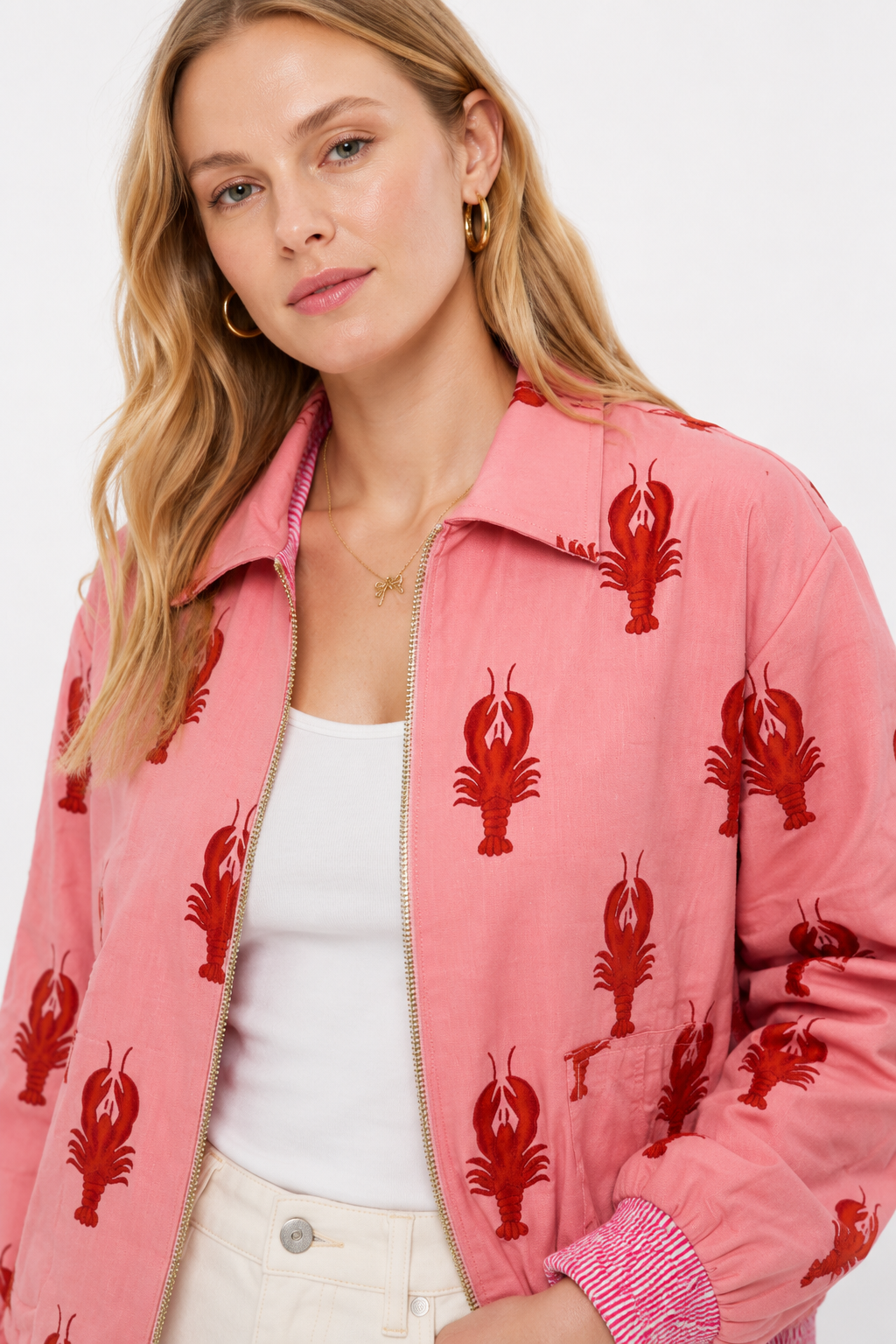 Image of Pink Cotton Bomber Jacket with Lobster Motif & Playful Statement Design | Melite