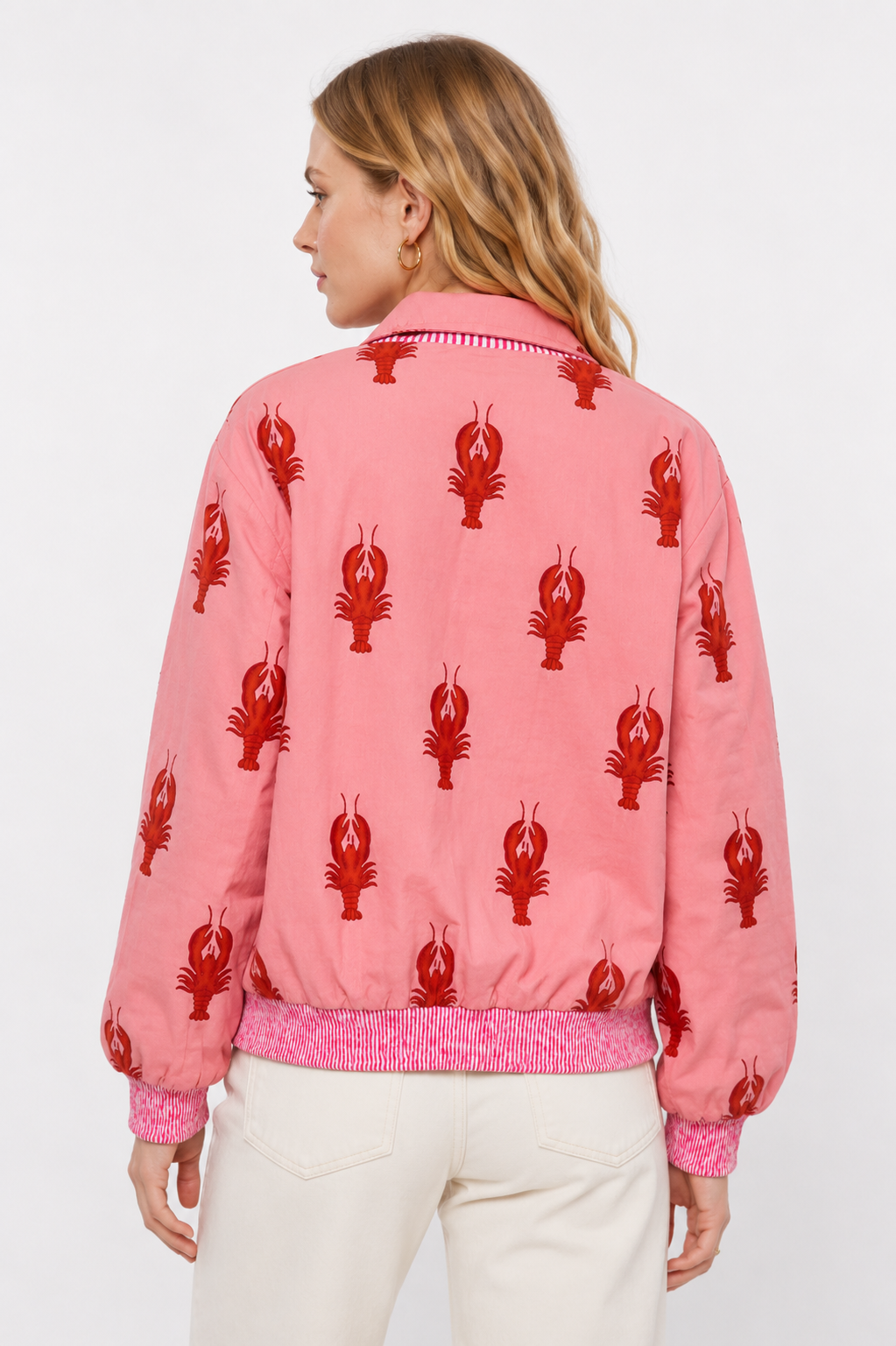 Image of Pink Cotton Bomber Jacket with Lobster Motif & Playful Statement Design | Melite