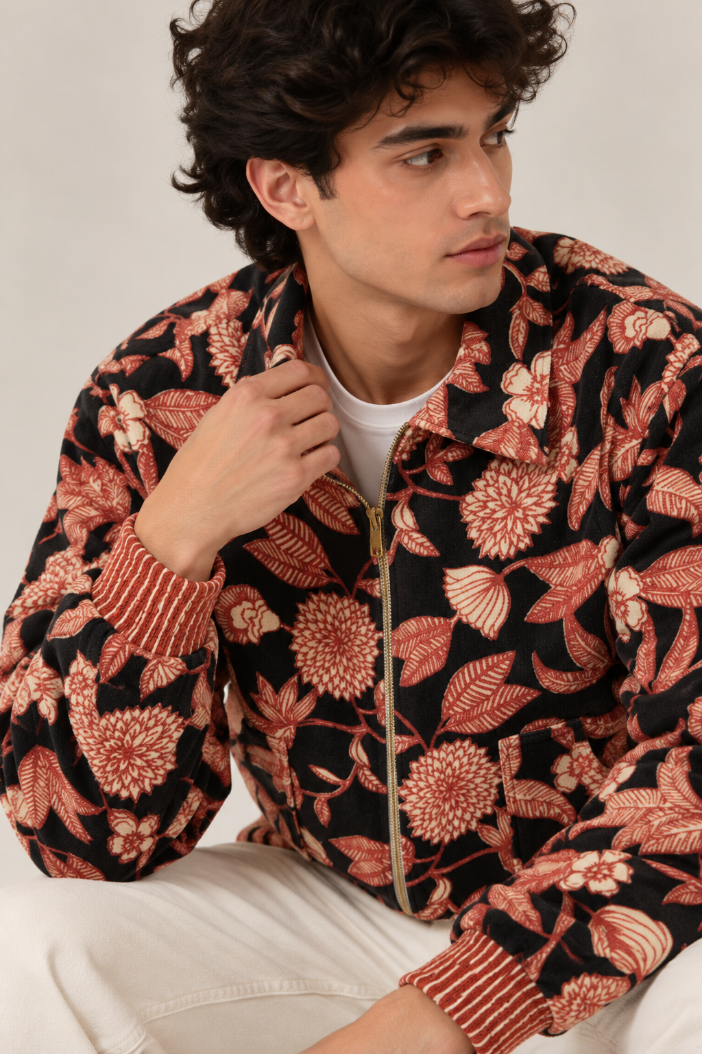 Image of Black Reversible Velvet Jacket with Rust Floral Print & Statement Design | Nouraz
