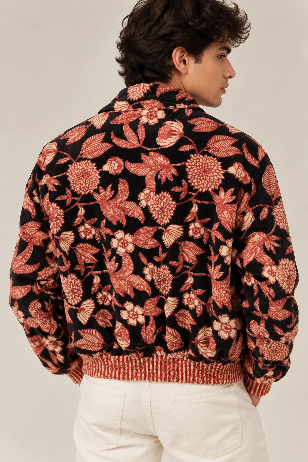 Image of Black Reversible Velvet Jacket with Rust Floral Print & Statement Design | Nouraz