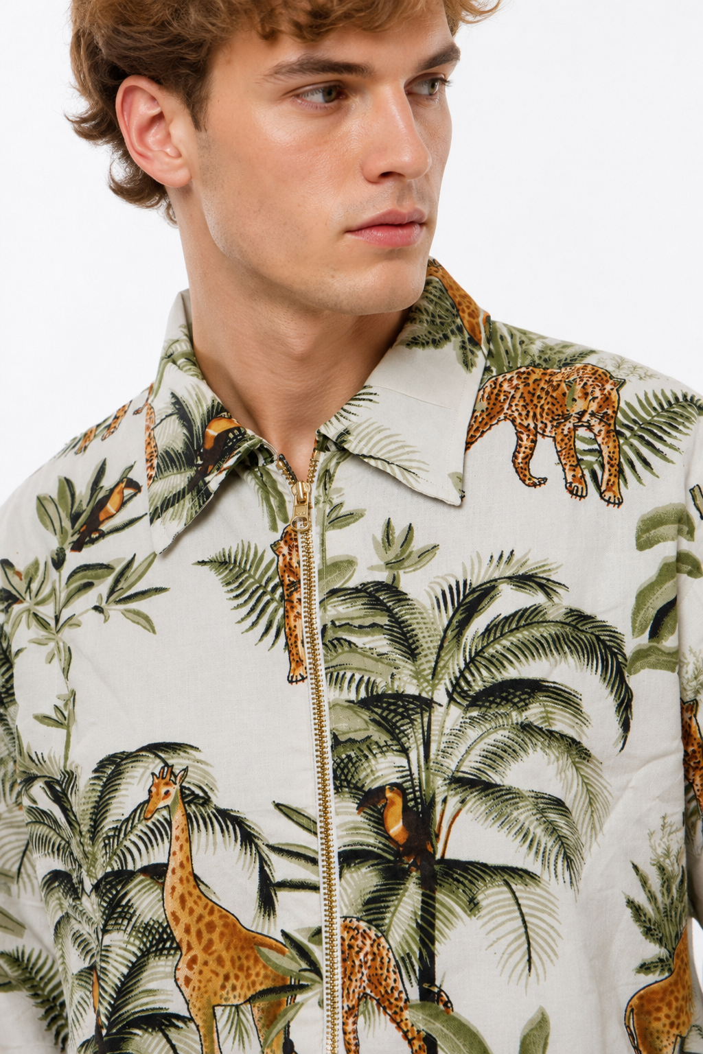 Image of White Cotton Safari Print Bomber Jacket with Giraffe & Leopard Motifs | Protea