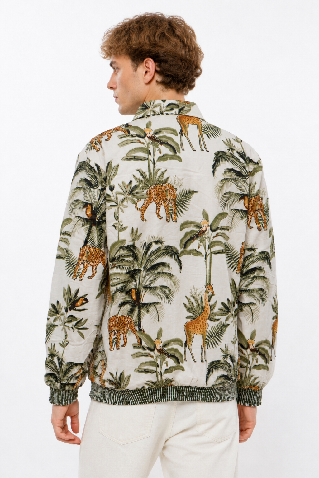 Image of White Cotton Safari Print Bomber Jacket with Giraffe & Leopard Motifs | Protea