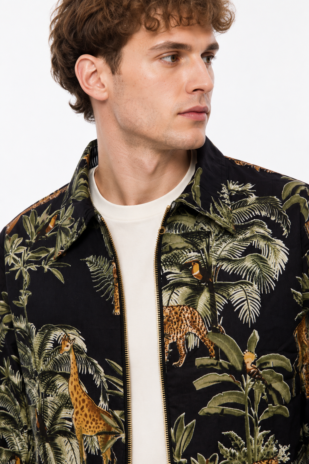 Image of Black Cotton Safari Bomber Jacket with Giraffe & Leopard Print | Kallisto