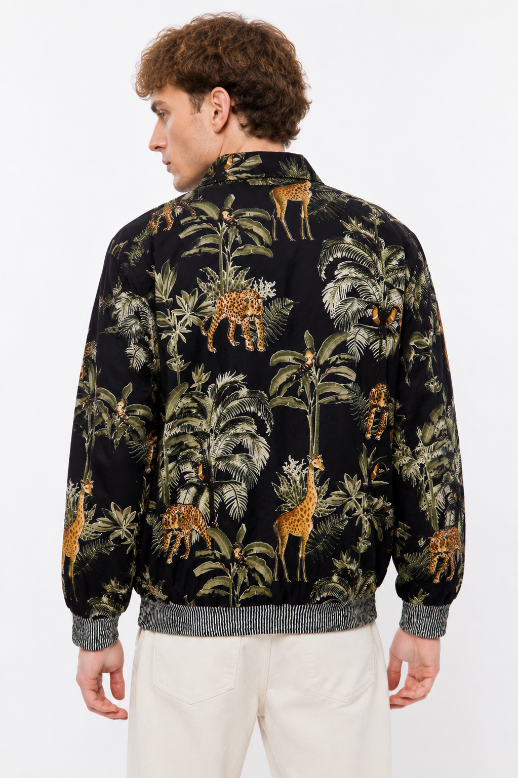 Image of Black Cotton Safari Bomber Jacket with Giraffe & Leopard Print | Kallisto