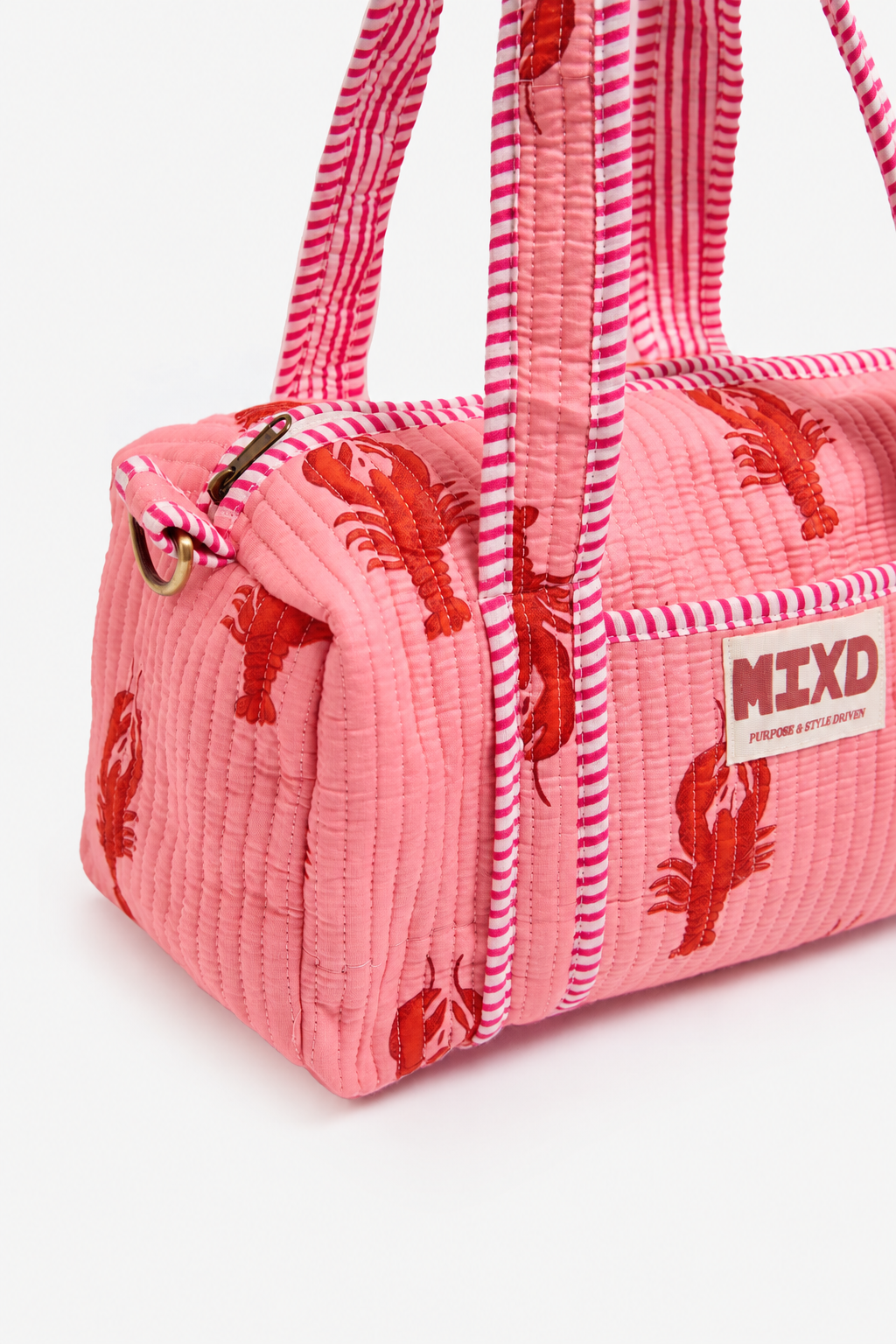 Image of Pink Quilted Cotton Mini Duffle Bag with Lobster Print & Striped Handles | Aglaia