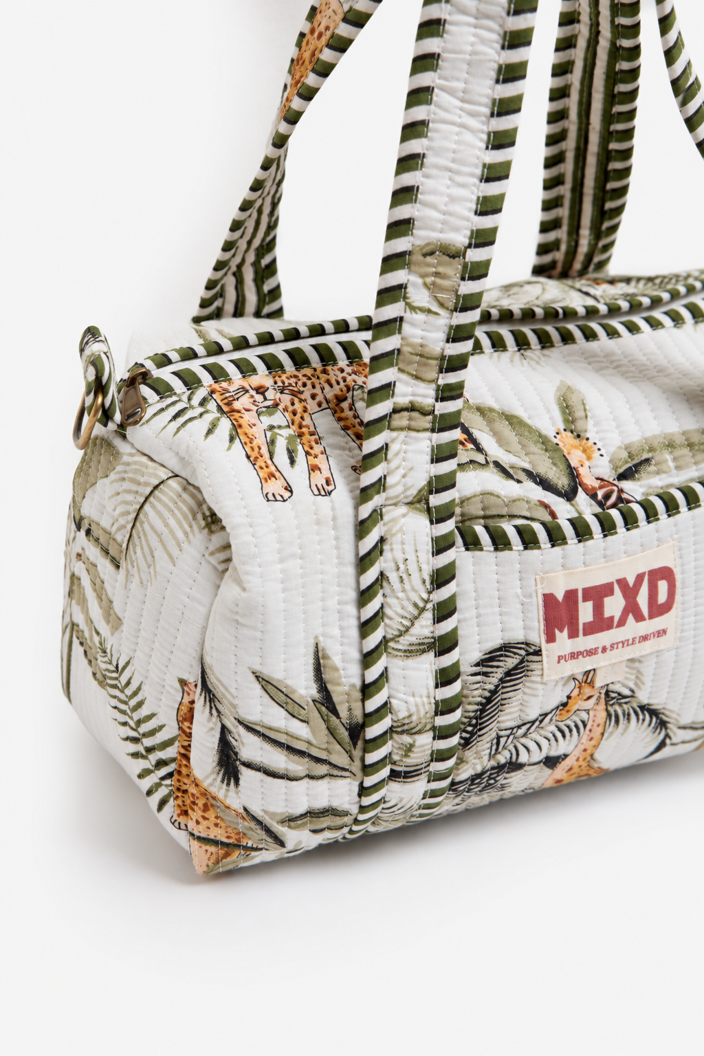 Image of White Quilted Cotton Mini Duffle Bag with Safari Print & Striped Handles | Nausicaa