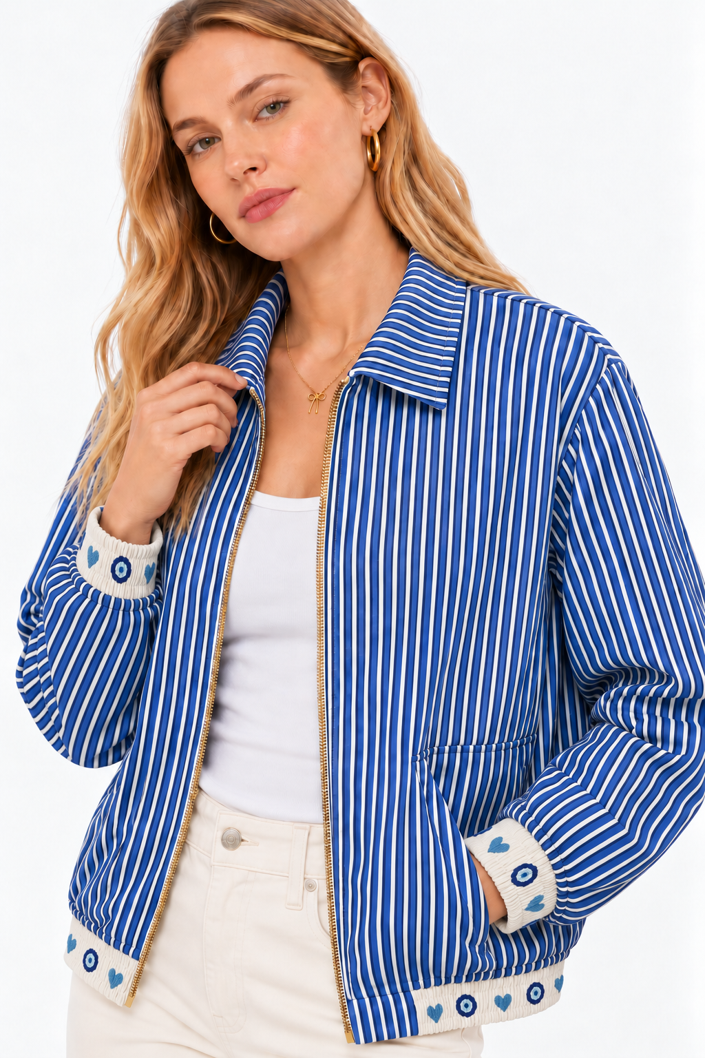 Image of White Reversible Cotton Bomber Jacket with Blue Evil Eye & Heart Print | Ayla