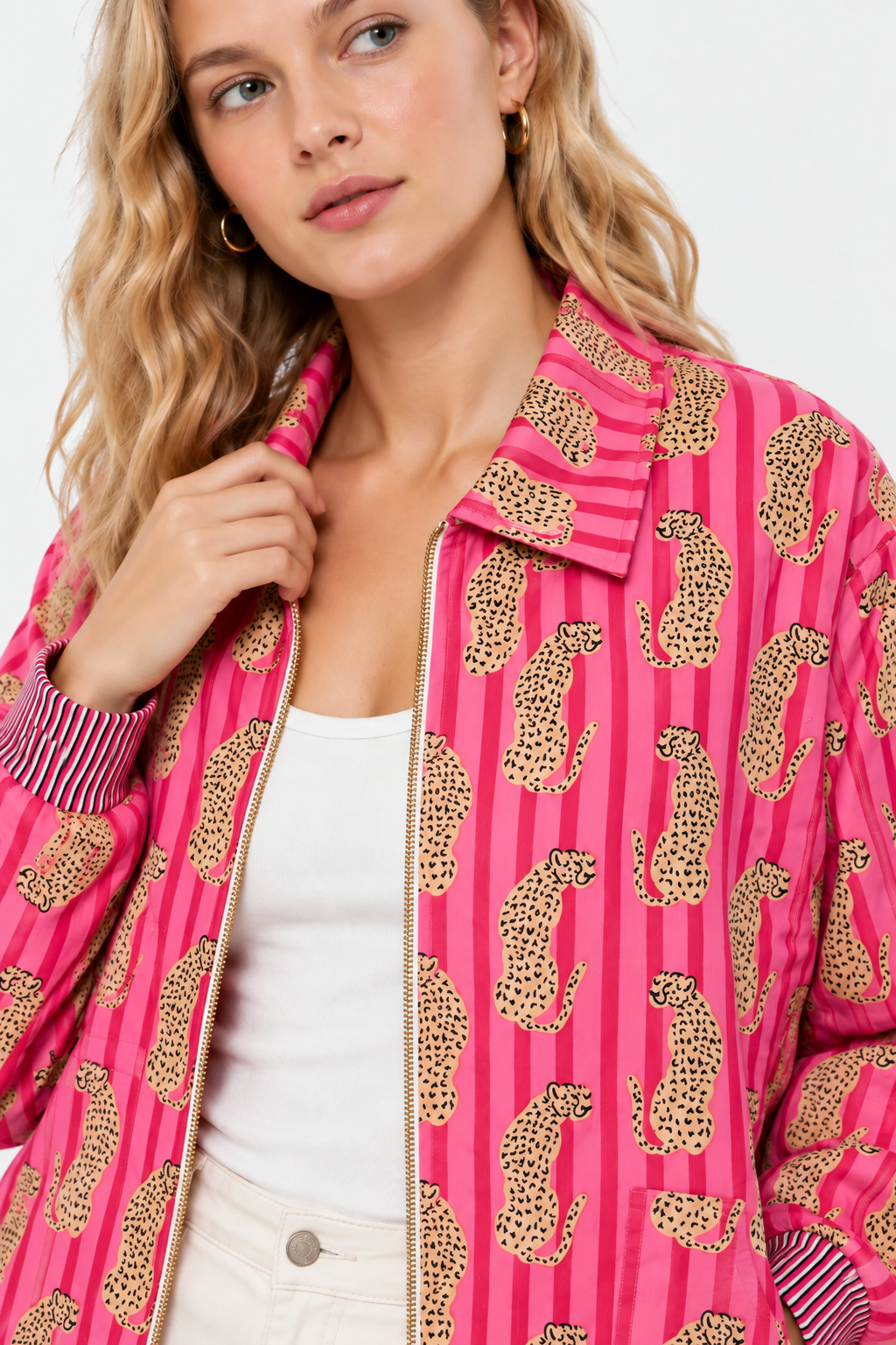 Image of Pink Cotton Bomber Jacket with Leopard Print & Striped Pattern | Thalia