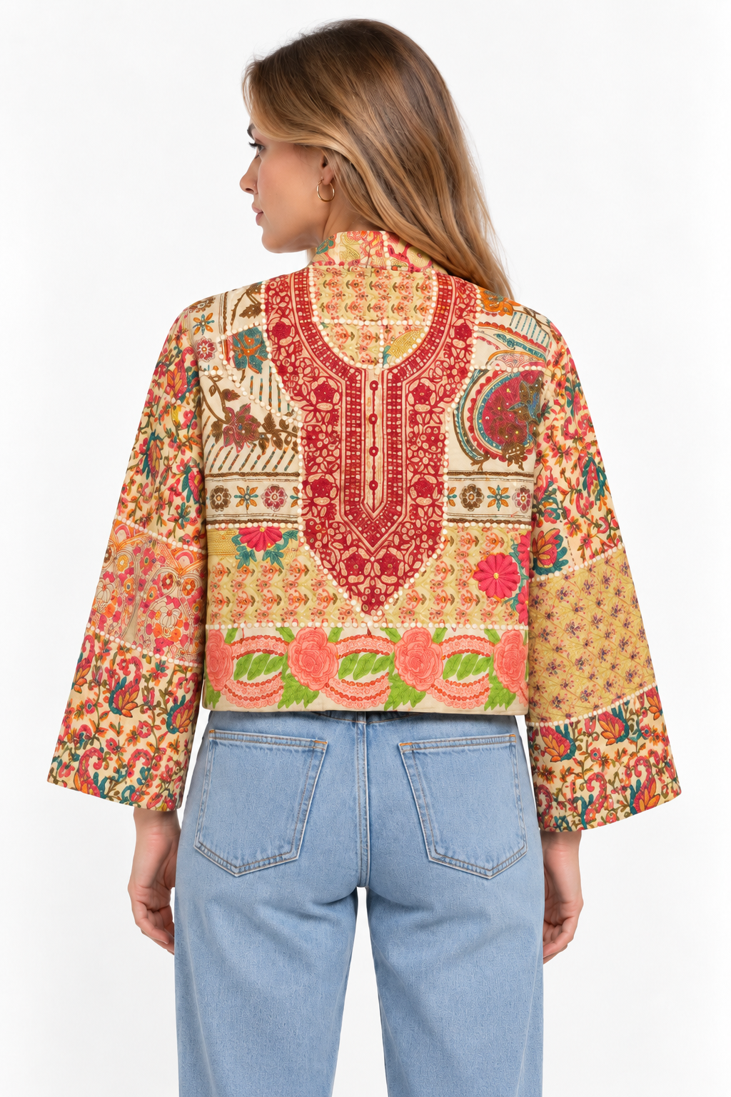 Image of Handmade Cream Floral Embroidered Jacket with Multicoloured Geometric Detailing | Riham