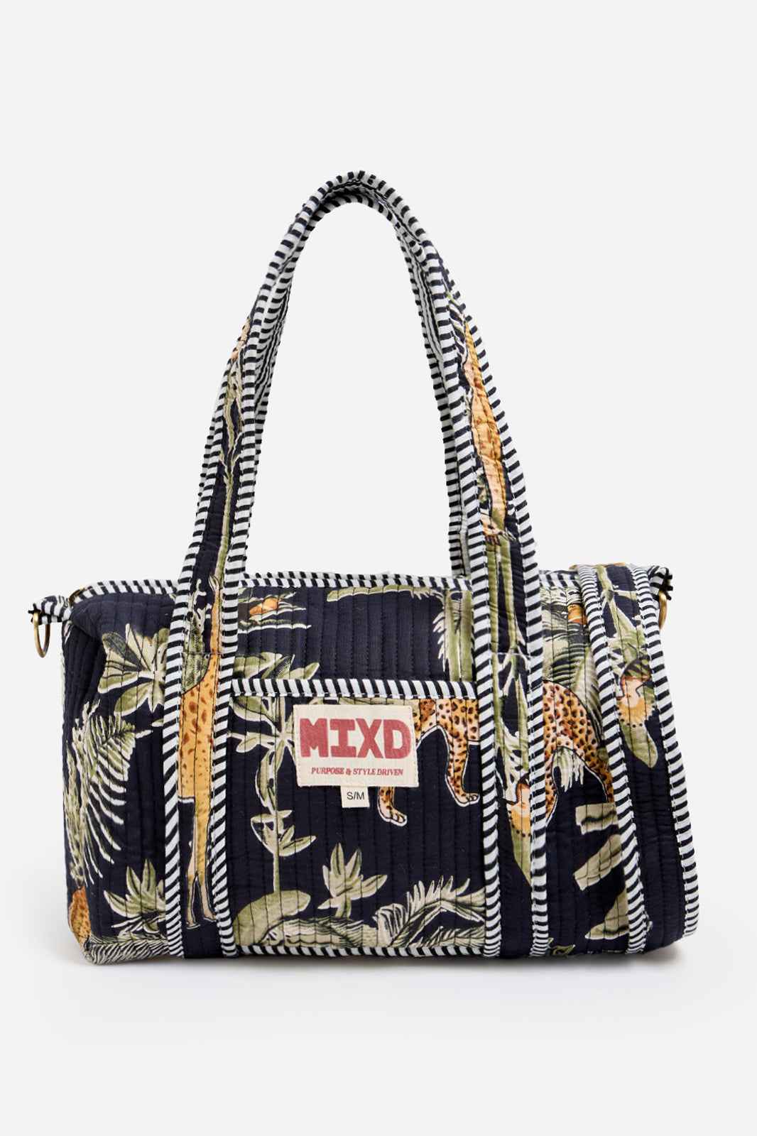 Image of Navy Quilted Cotton Mini Duffle Bag with Safari Print & Striped Handles | Ariadne