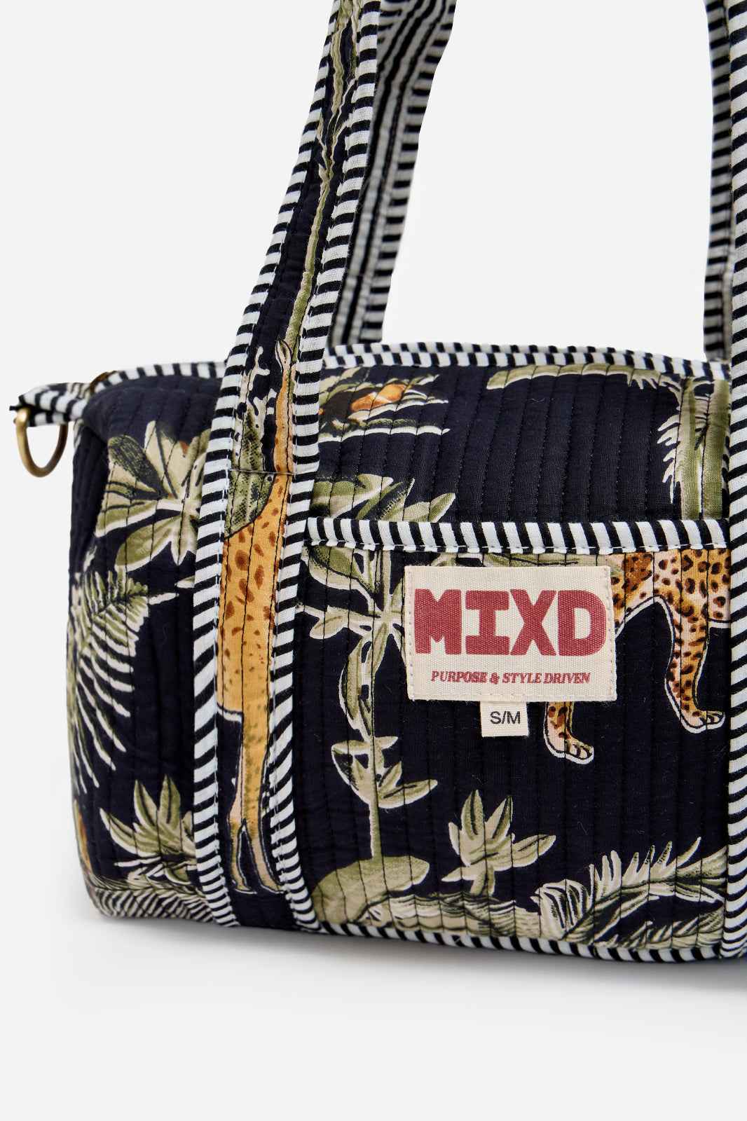 Image of Navy Quilted Cotton Mini Duffle Bag with Safari Print & Striped Handles | Ariadne