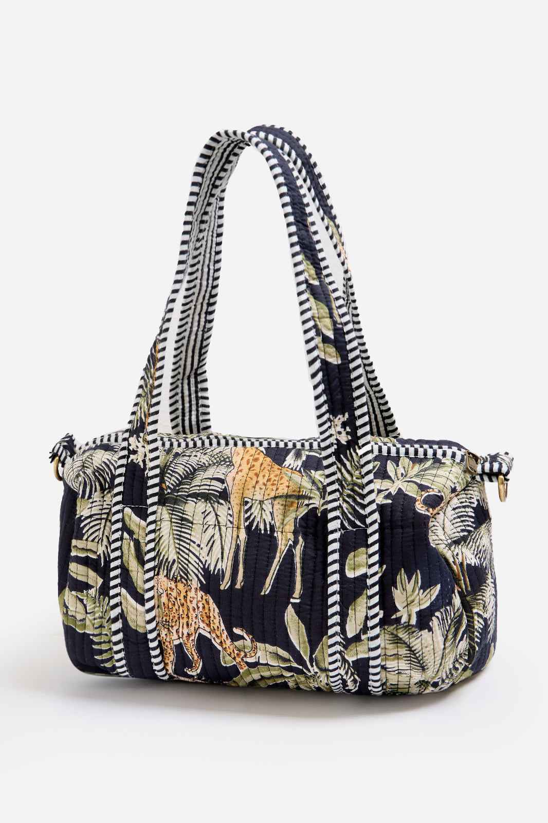 Image of Navy Quilted Cotton Mini Duffle Bag with Safari Print & Striped Handles | Ariadne