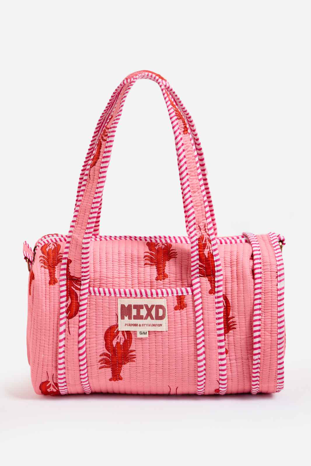 Image of Pink Quilted Cotton Mini Duffle Bag with Lobster Print & Striped Handles | Aglaia
