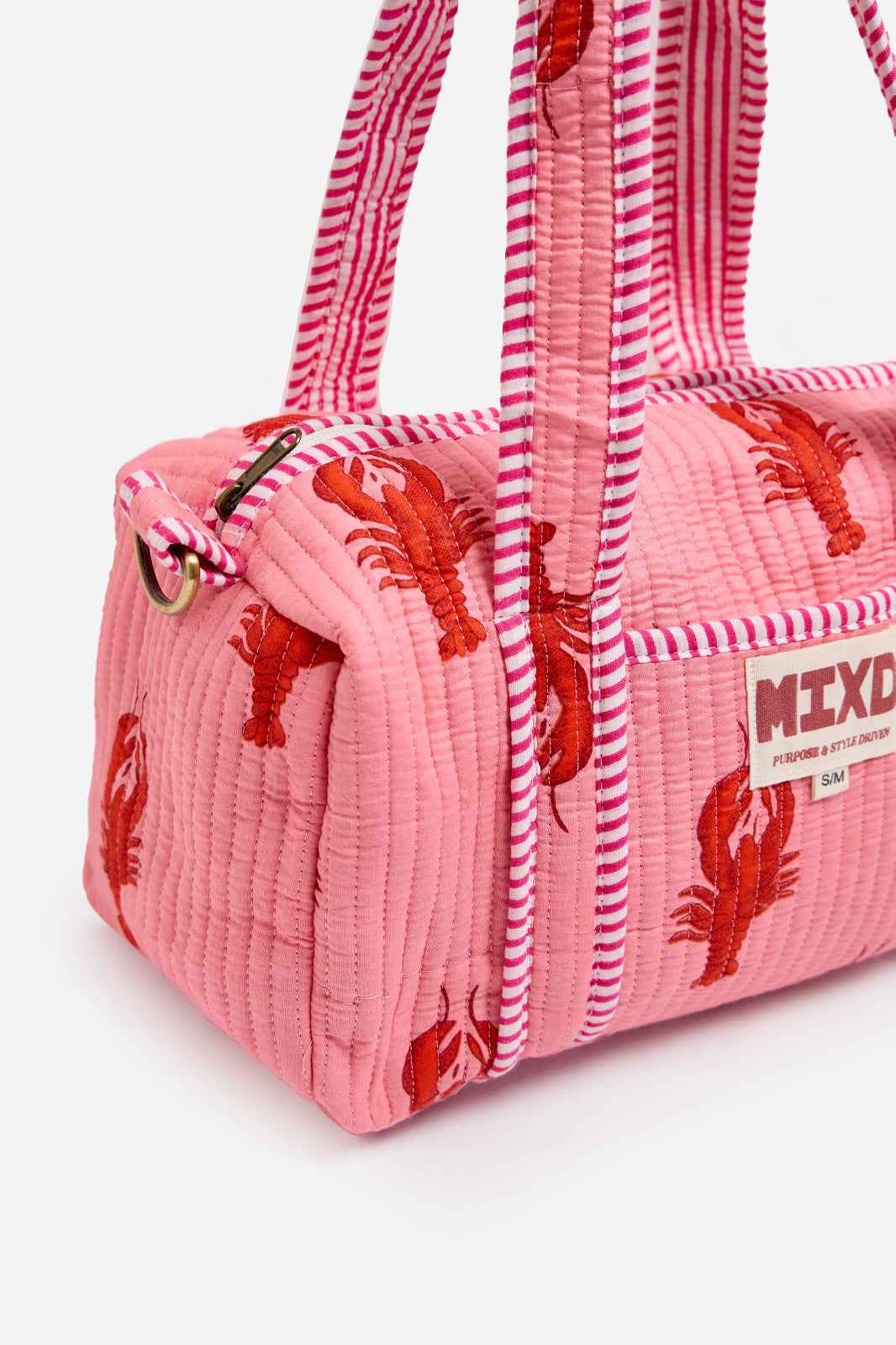 Image of Pink Quilted Cotton Mini Duffle Bag with Lobster Print & Striped Handles | Aglaia