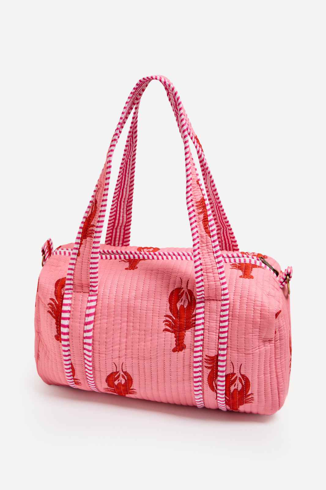 Image of Pink Quilted Cotton Mini Duffle Bag with Lobster Print & Striped Handles | Aglaia