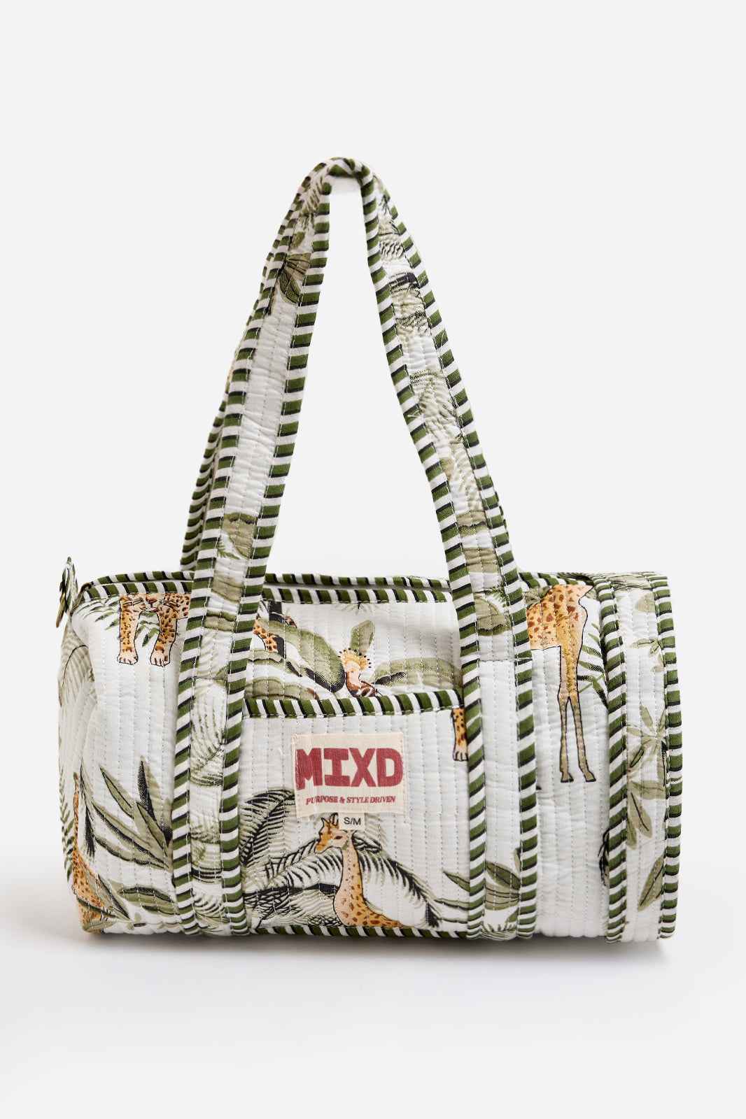 Image of White Quilted Cotton Mini Duffle Bag with Safari Print & Striped Handles | Nausicaa