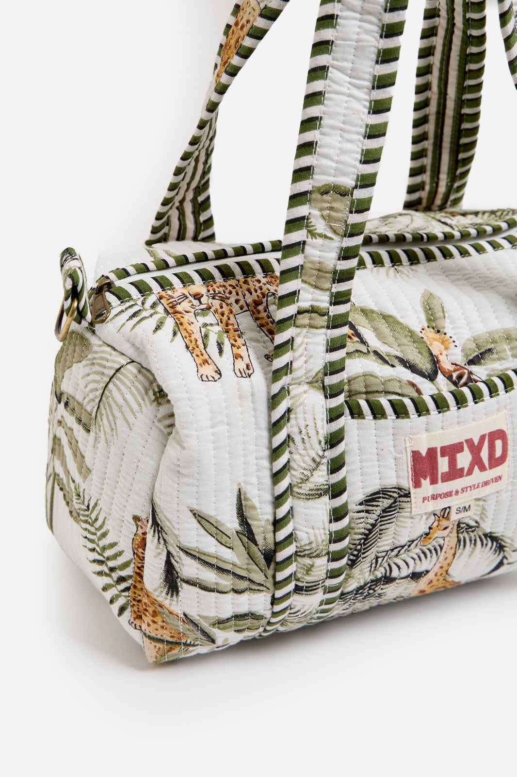Image of White Quilted Cotton Mini Duffle Bag with Safari Print & Striped Handles | Nausicaa