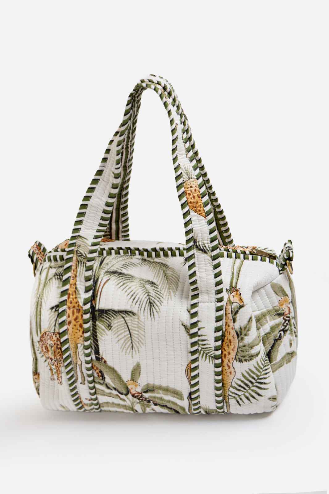 Image of White Quilted Cotton Mini Duffle Bag with Safari Print & Striped Handles | Nausicaa