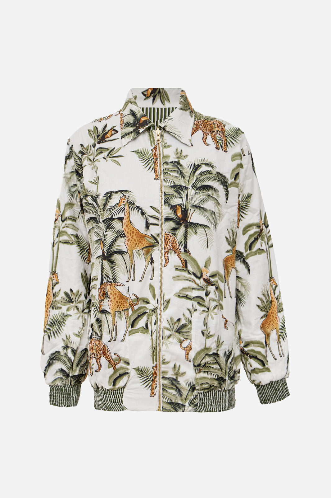 Image of White Cotton Safari Print Bomber Jacket with Giraffe & Leopard Motifs | Protea