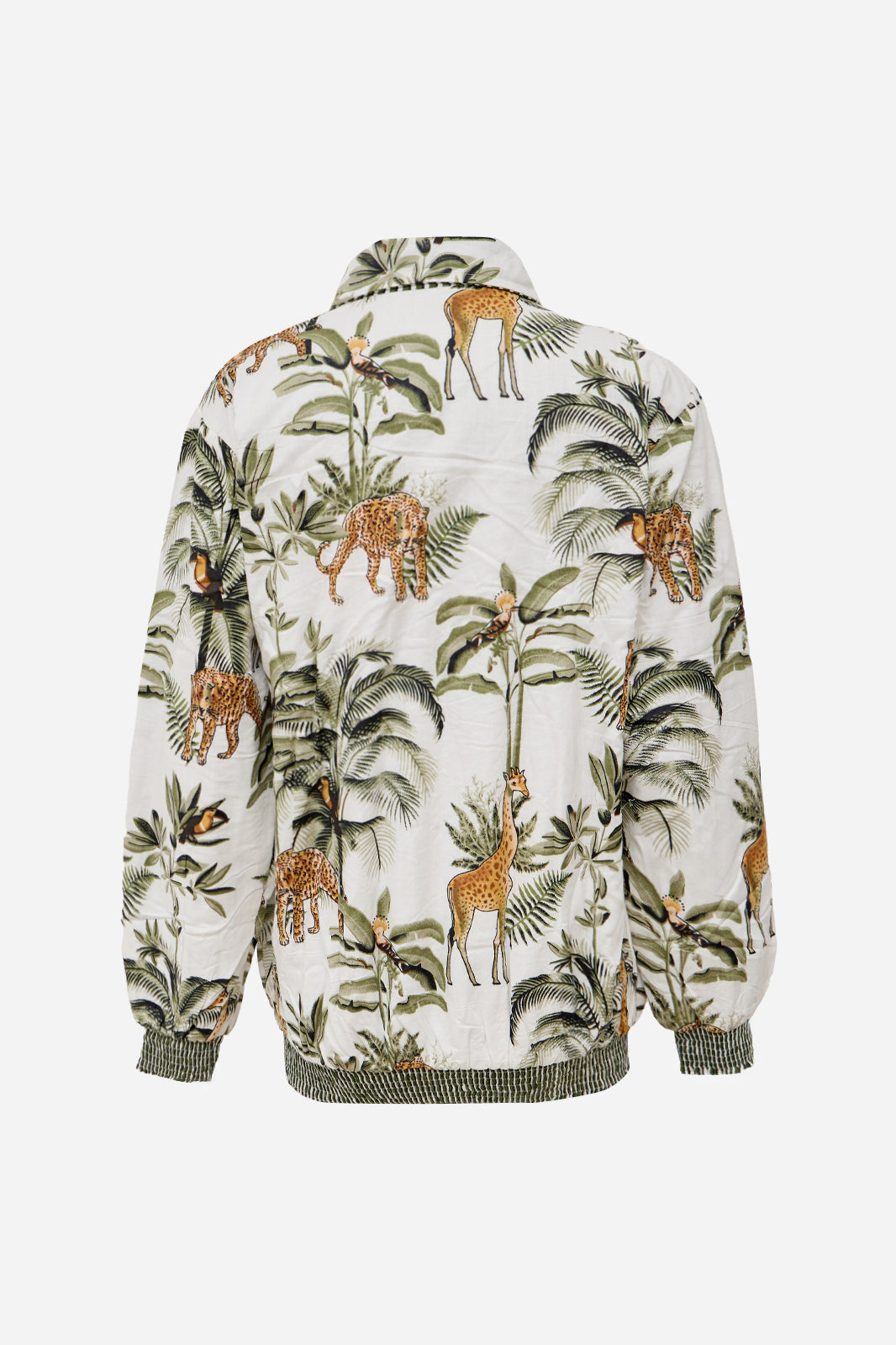 Image of White Cotton Safari Print Bomber Jacket with Giraffe & Leopard Motifs | Protea