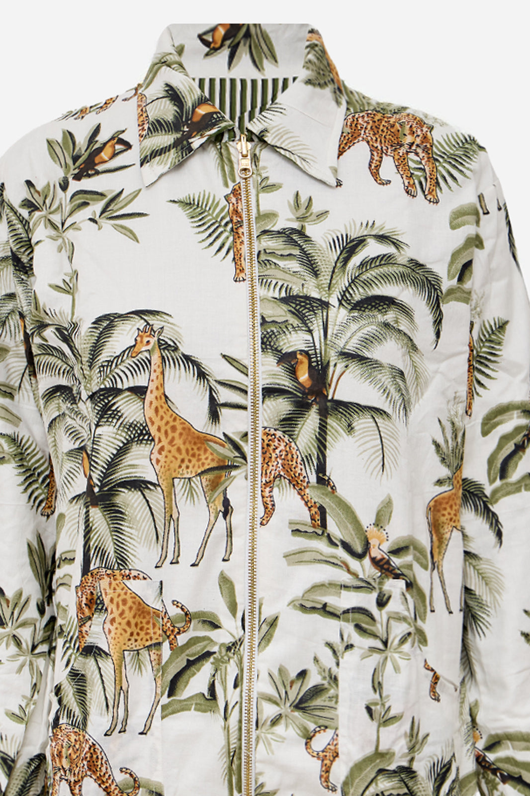 Image of White Cotton Safari Print Bomber Jacket with Giraffe & Leopard Motifs | Protea