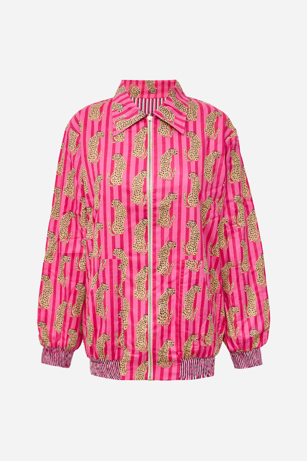 Image of Pink Cotton Bomber Jacket with Leopard Print & Striped Pattern | Thalia