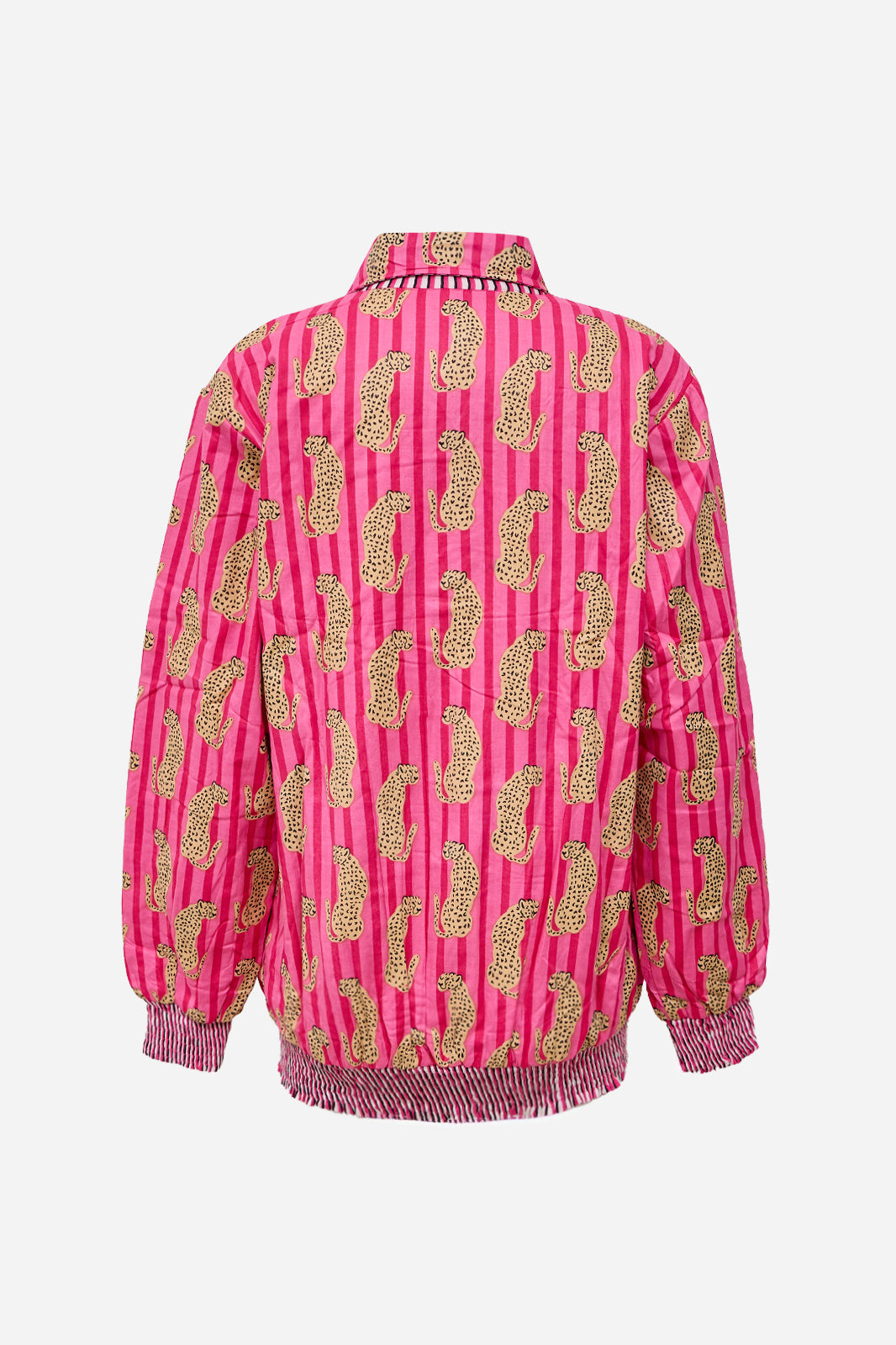 Image of Pink Cotton Bomber Jacket with Leopard Print & Striped Pattern | Thalia