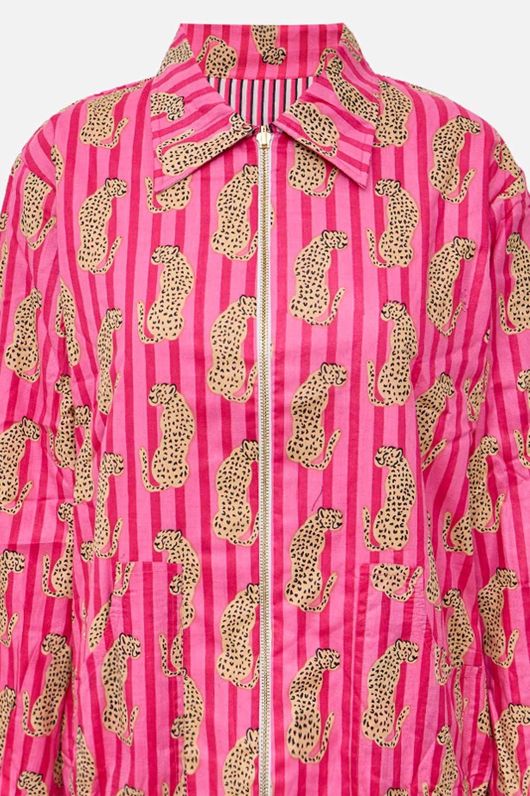 Image of Pink Cotton Bomber Jacket with Leopard Print & Striped Pattern | Thalia