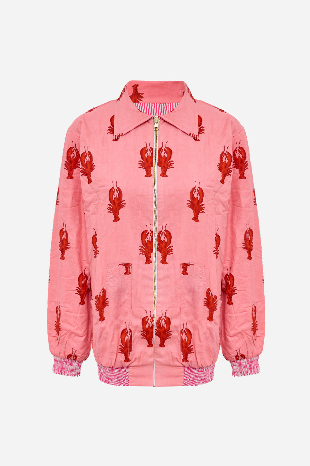 Image of Pink Cotton Bomber Jacket with Lobster Motif & Playful Statement Design | Melite