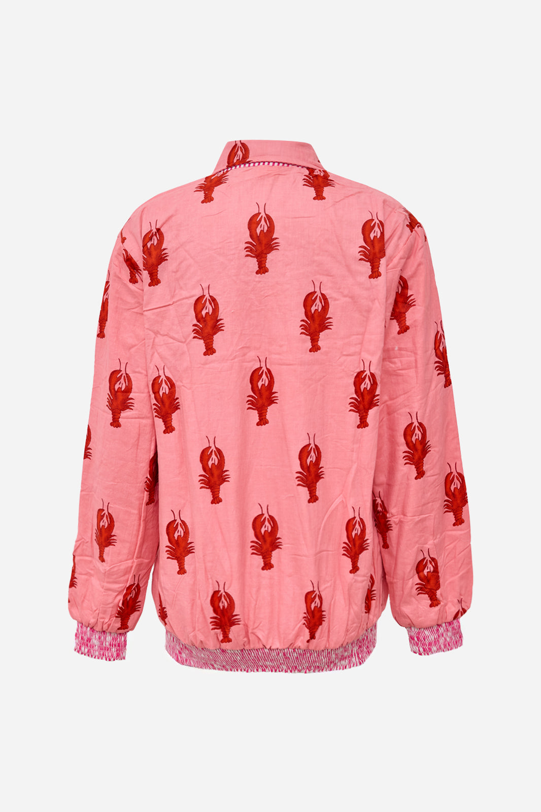 Image of Pink Cotton Bomber Jacket with Lobster Motif & Playful Statement Design | Melite