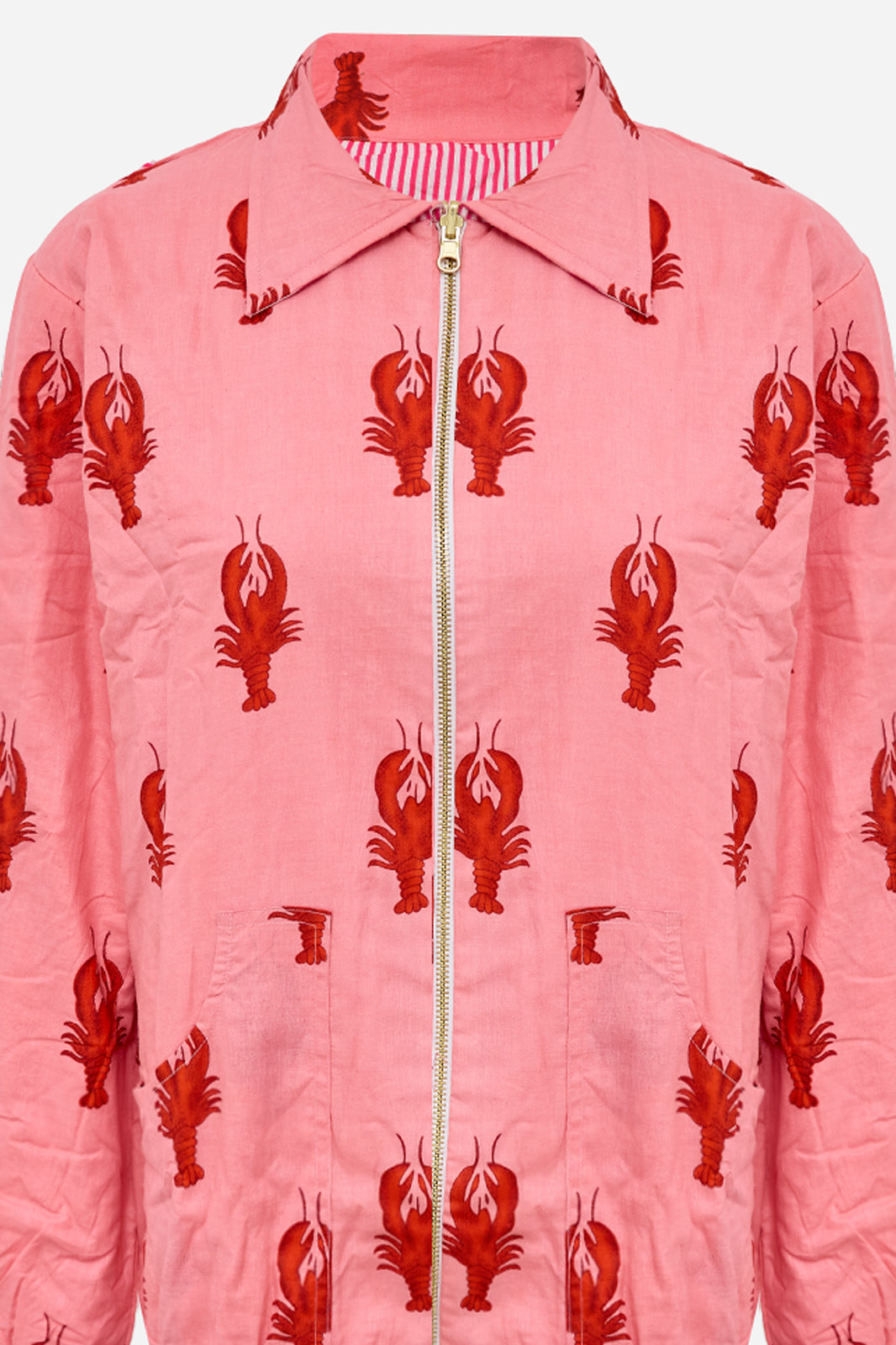 Image of Pink Cotton Bomber Jacket with Lobster Motif & Playful Statement Design | Melite