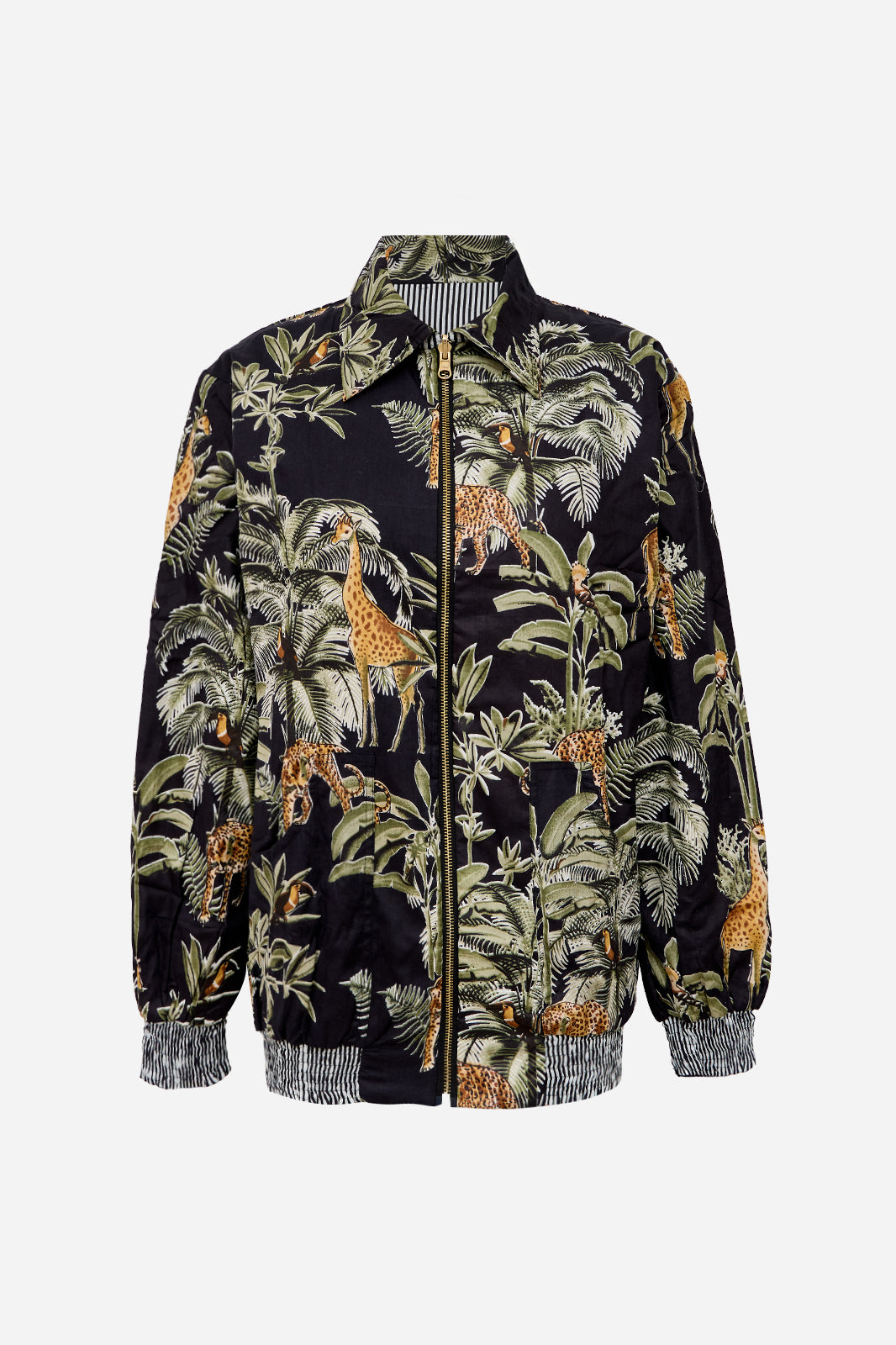 Image of Black Cotton Safari Bomber Jacket with Giraffe & Leopard Print | Kallisto