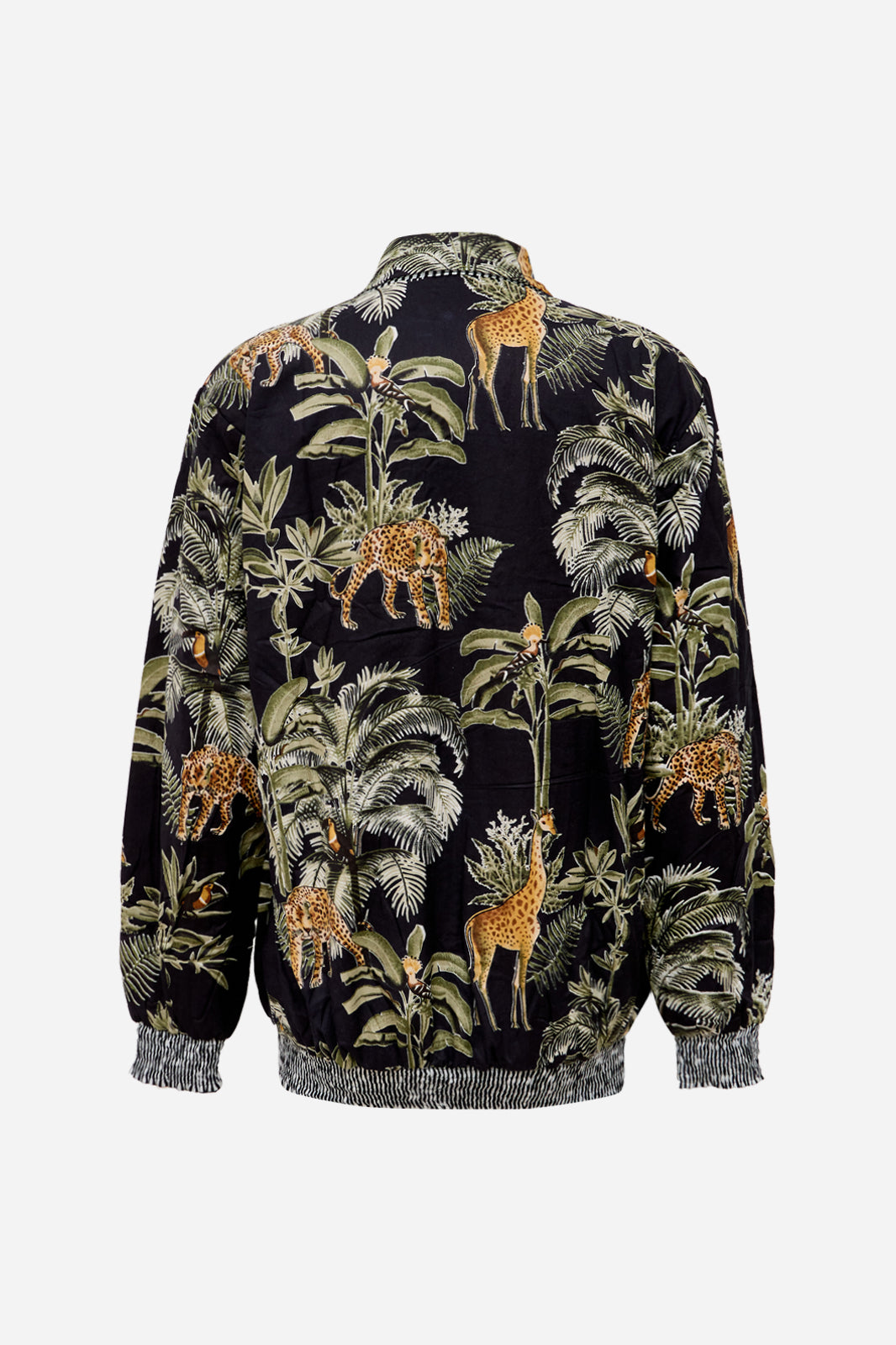 Image of Black Cotton Safari Bomber Jacket with Giraffe & Leopard Print | Kallisto