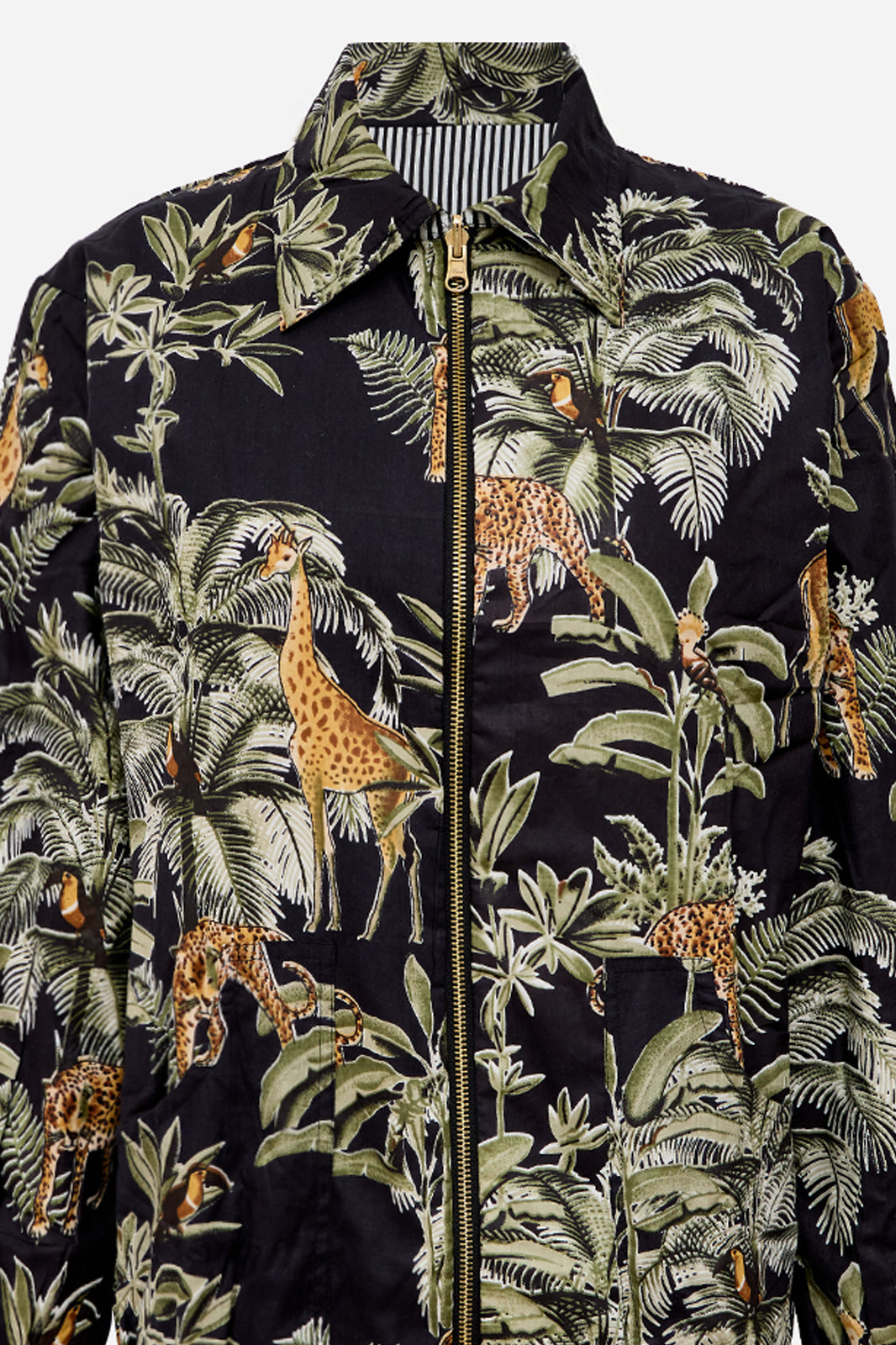 Image of Black Cotton Safari Bomber Jacket with Giraffe & Leopard Print | Kallisto