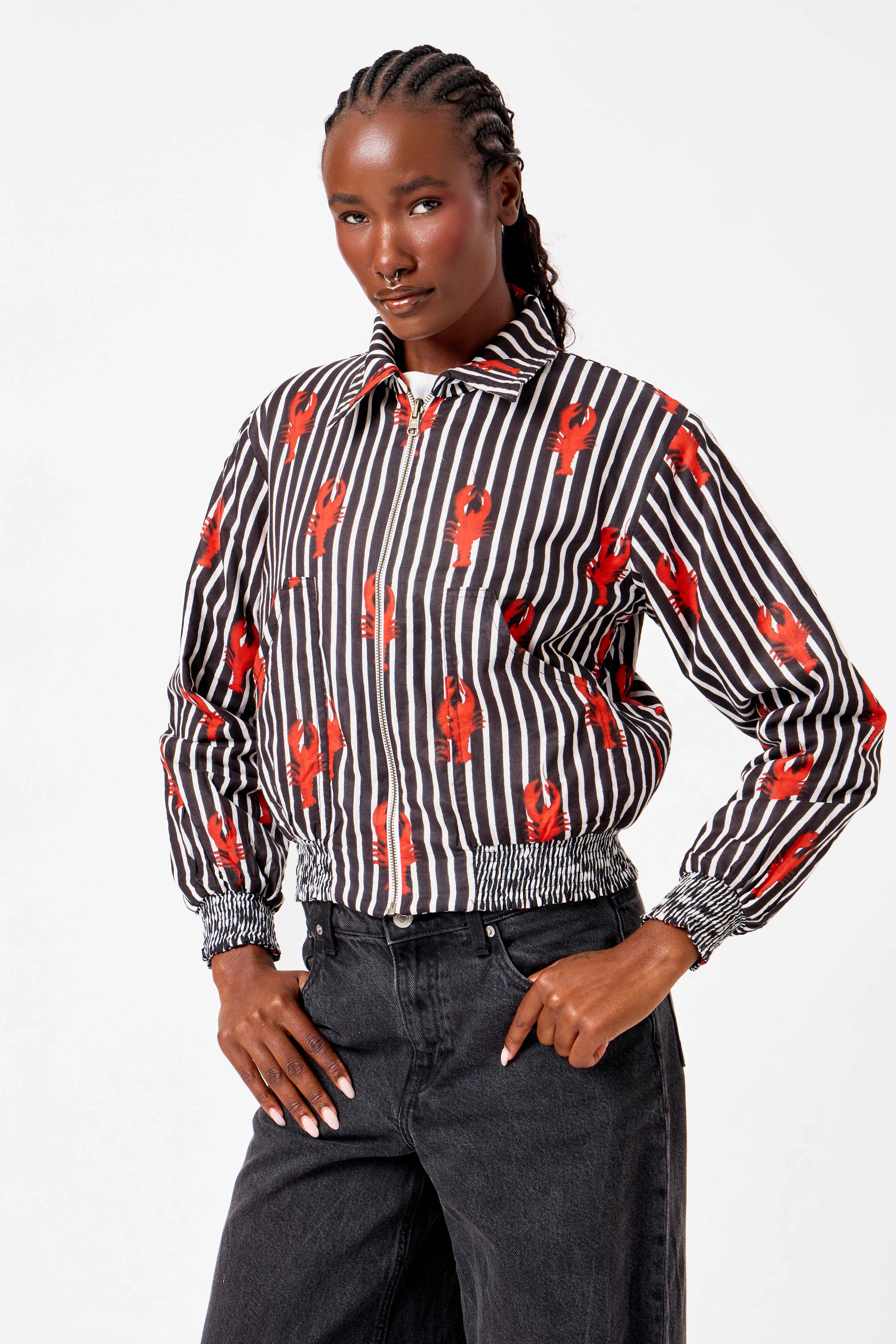 Image of Black & White Striped Reversible Cotton Bomber Jacket with Lobster Motif & Contemporary Statement Design | Sarmad