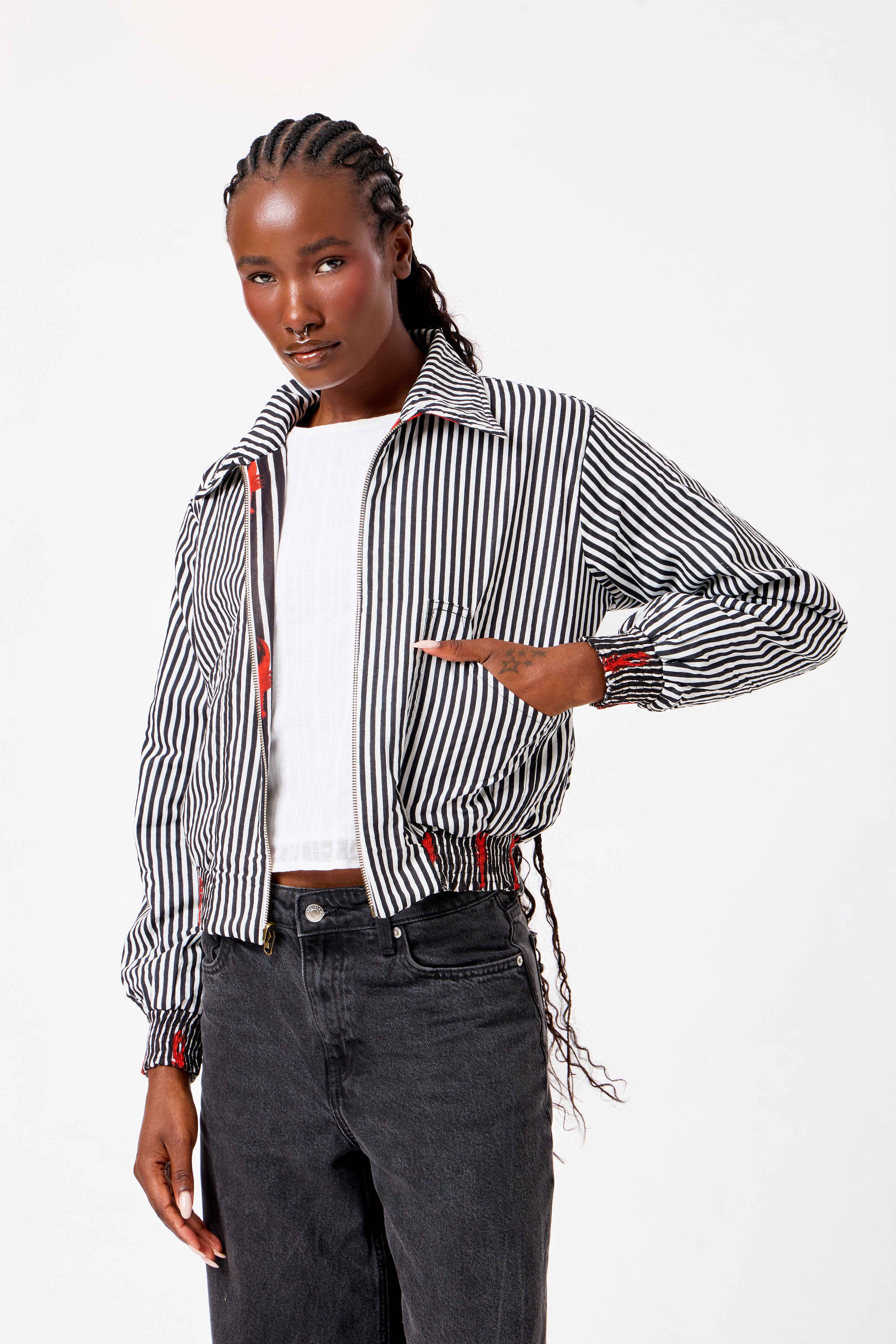 Image of Black & White Striped Reversible Cotton Bomber Jacket with Lobster Motif & Contemporary Statement Design | Sarmad