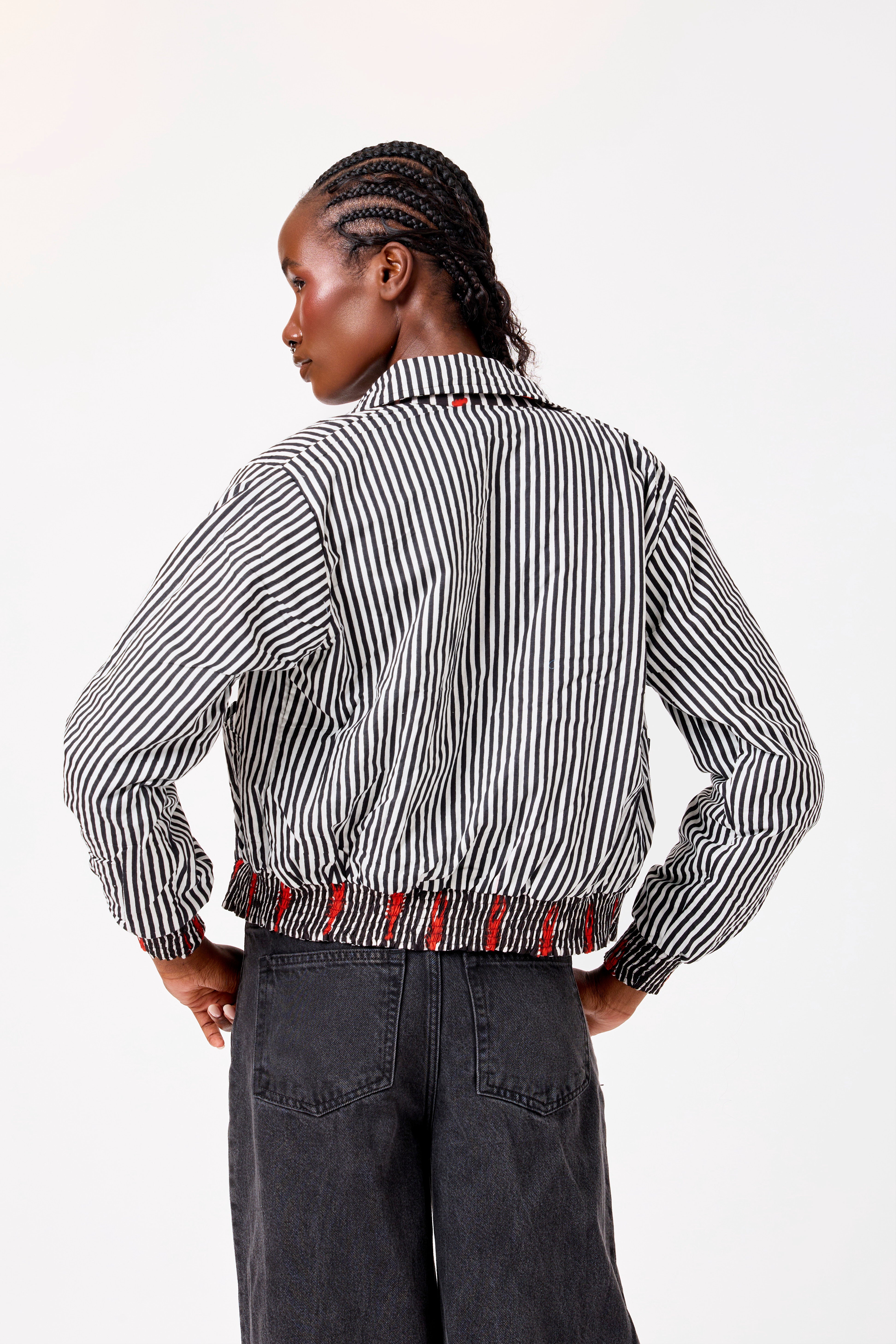 Image of Black & White Striped Reversible Cotton Bomber Jacket with Lobster Motif & Contemporary Statement Design | Sarmad