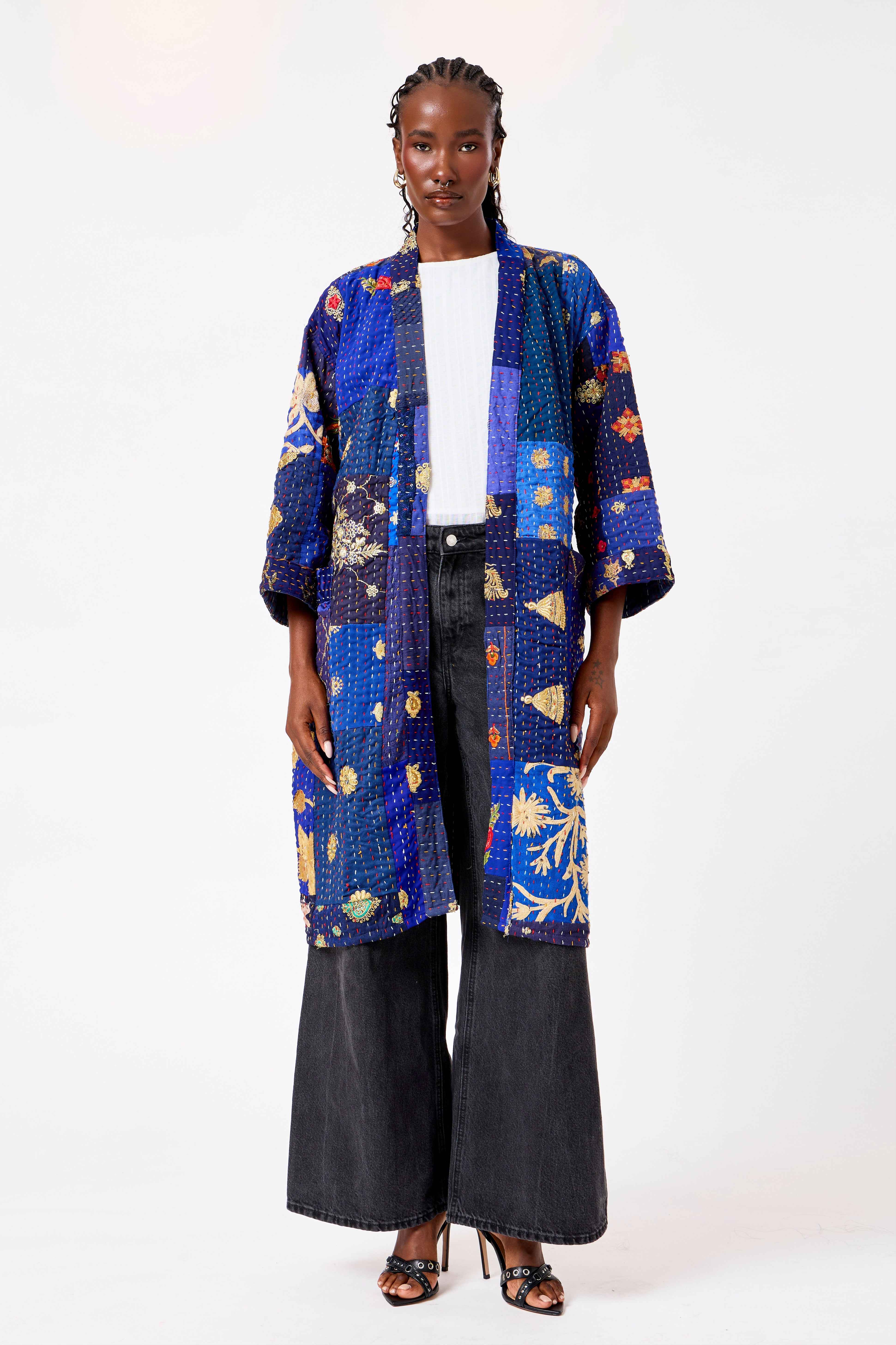 Image of Blue Katha Cotton Silk Patchwork Short Kimono with Kantha Stitching & Heritage Artisanal Design | Zareen