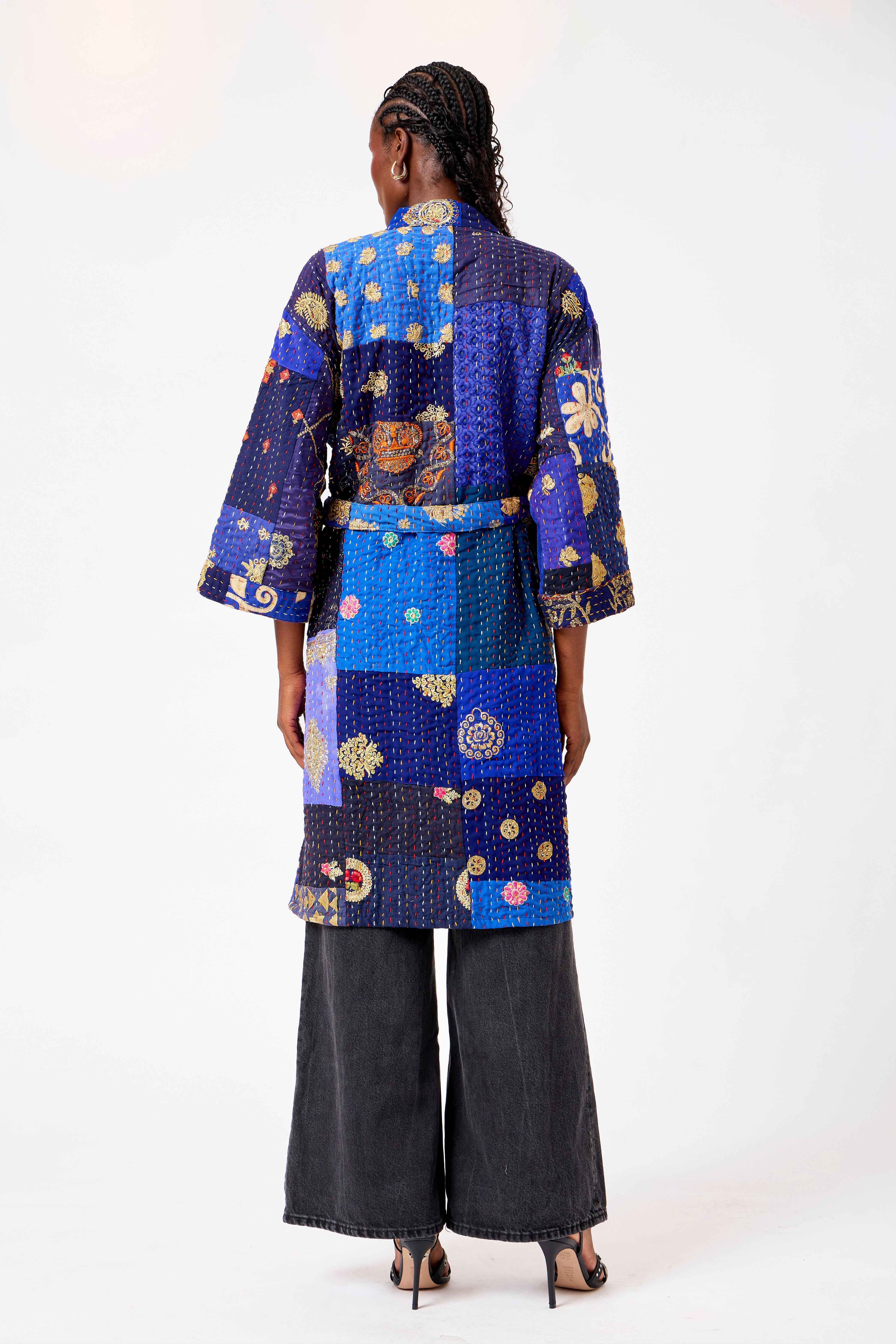 Image of Blue Katha Cotton Silk Patchwork Short Kimono with Kantha Stitching & Heritage Artisanal Design | Zareen