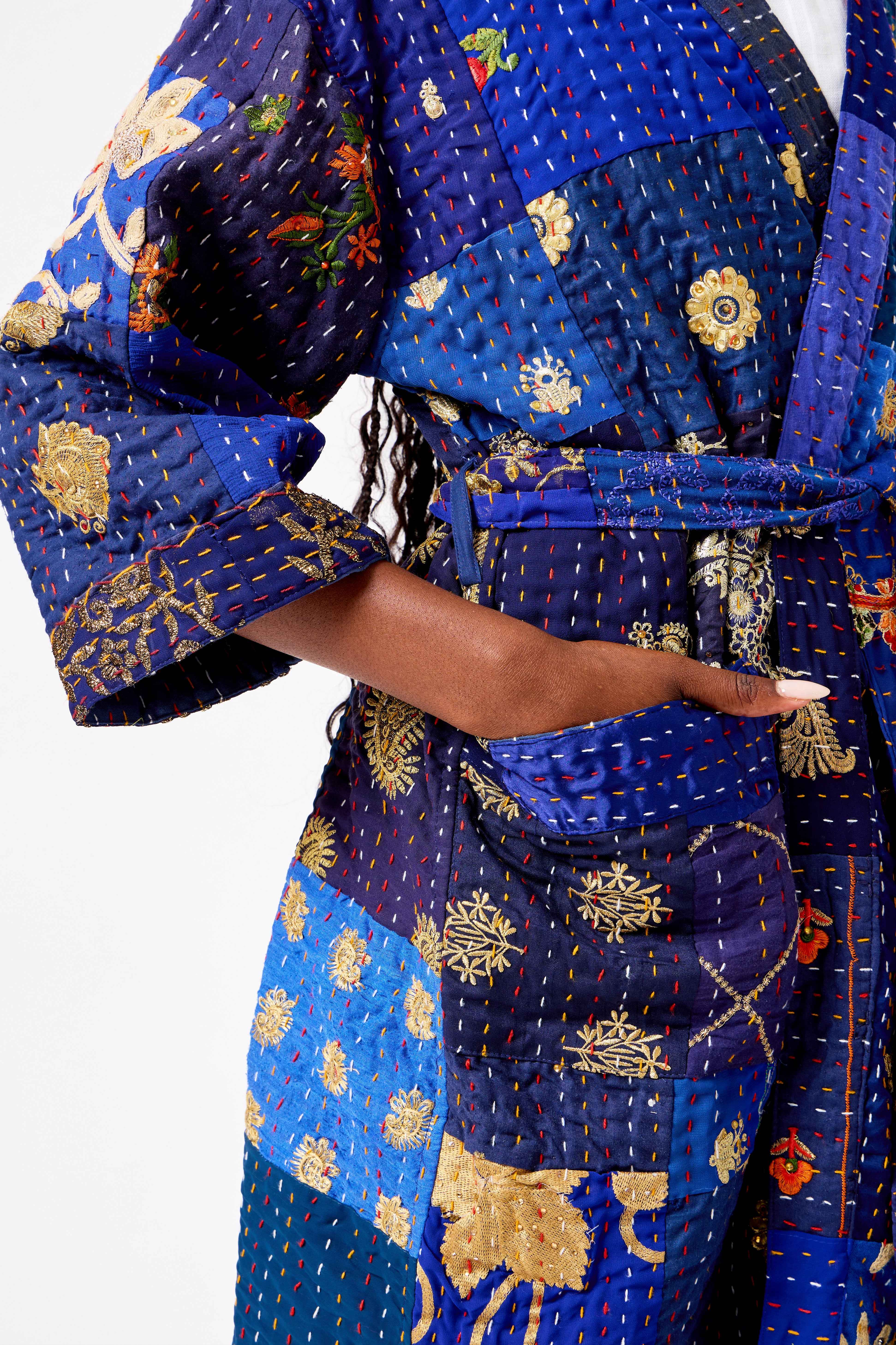 Image of Blue Katha Cotton Silk Patchwork Short Kimono with Kantha Stitching & Heritage Artisanal Design | Zareen