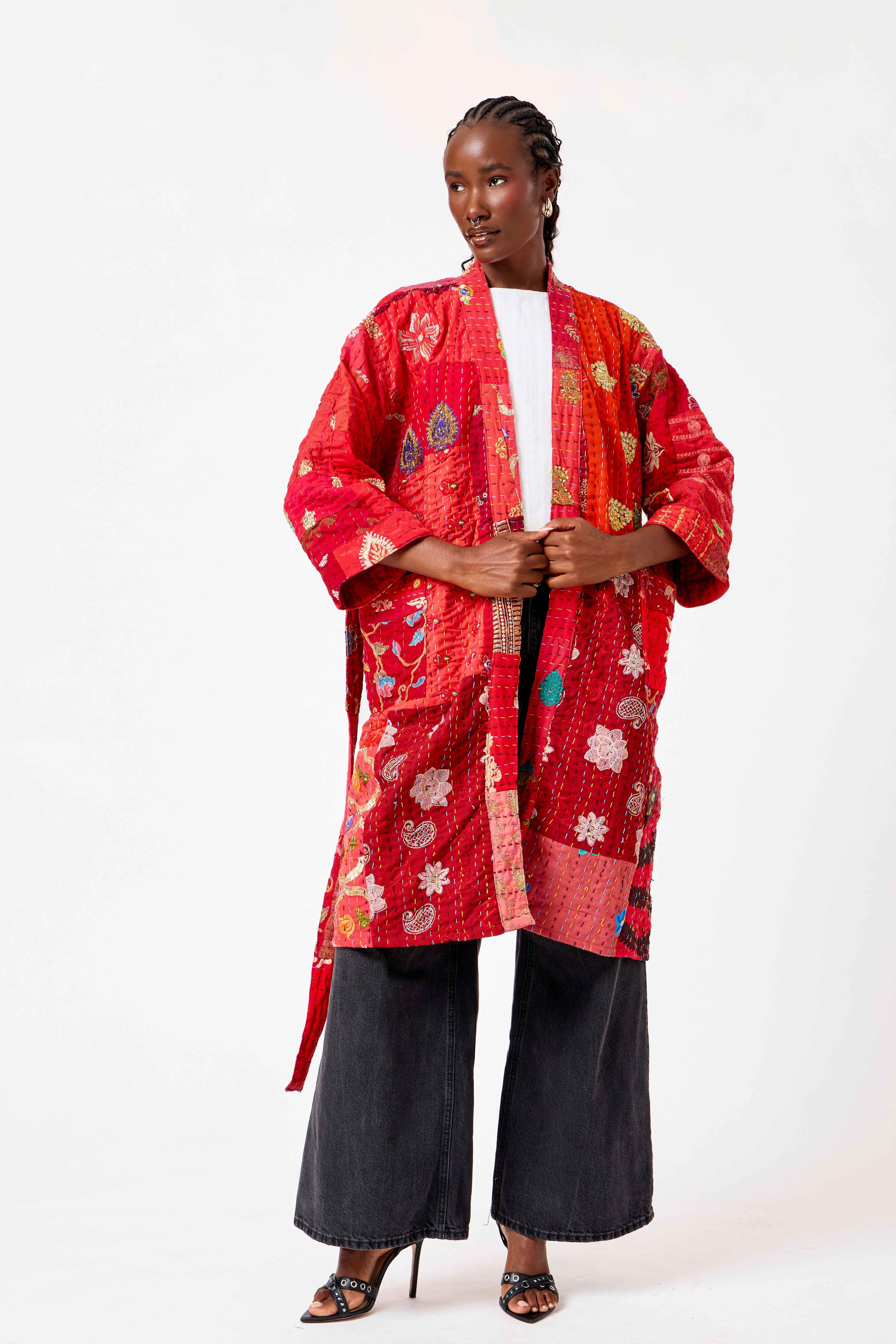 Image of Red Katha Cotton Silk Patchwork Short Kimono with Kantha Stitching & Heritage Floral Design | Raneem