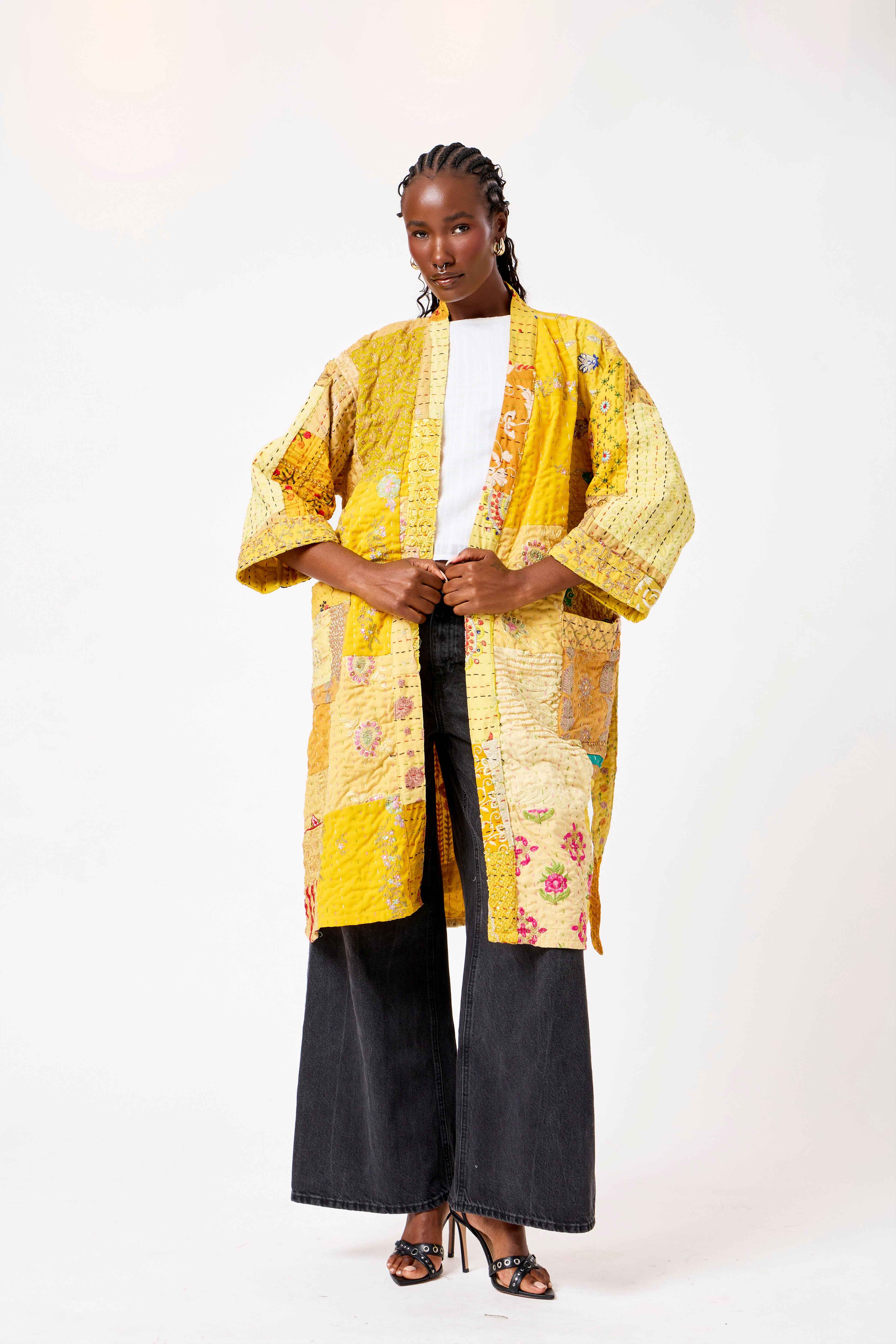 Image of Yellow Katha Cotton Silk Patchwork Short Kimono with Kantha Stitching & Vibrant Heritage Design | Shamsa