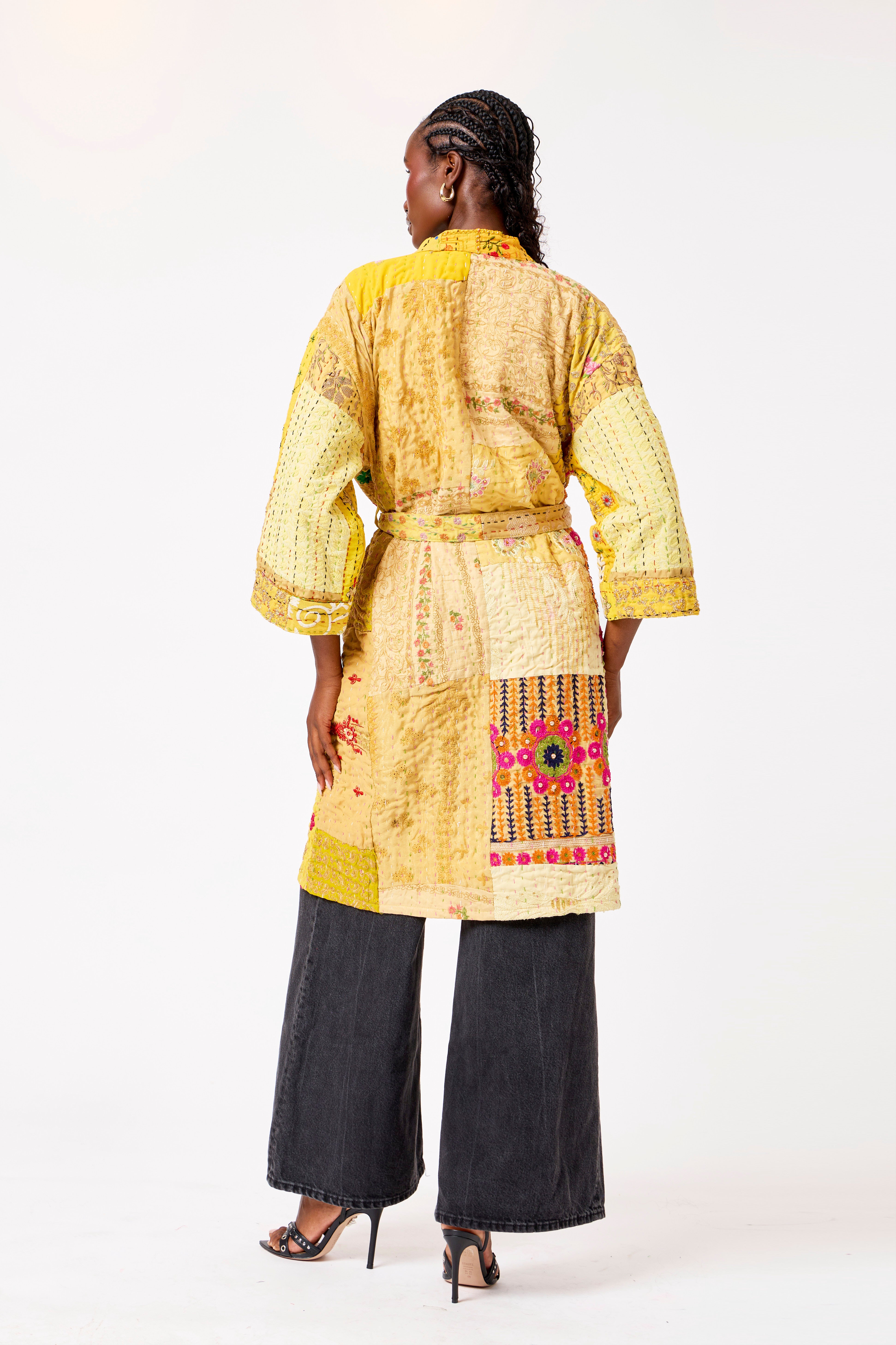 Image of Yellow Katha Cotton Silk Patchwork Short Kimono with Kantha Stitching & Vibrant Heritage Design | Shamsa