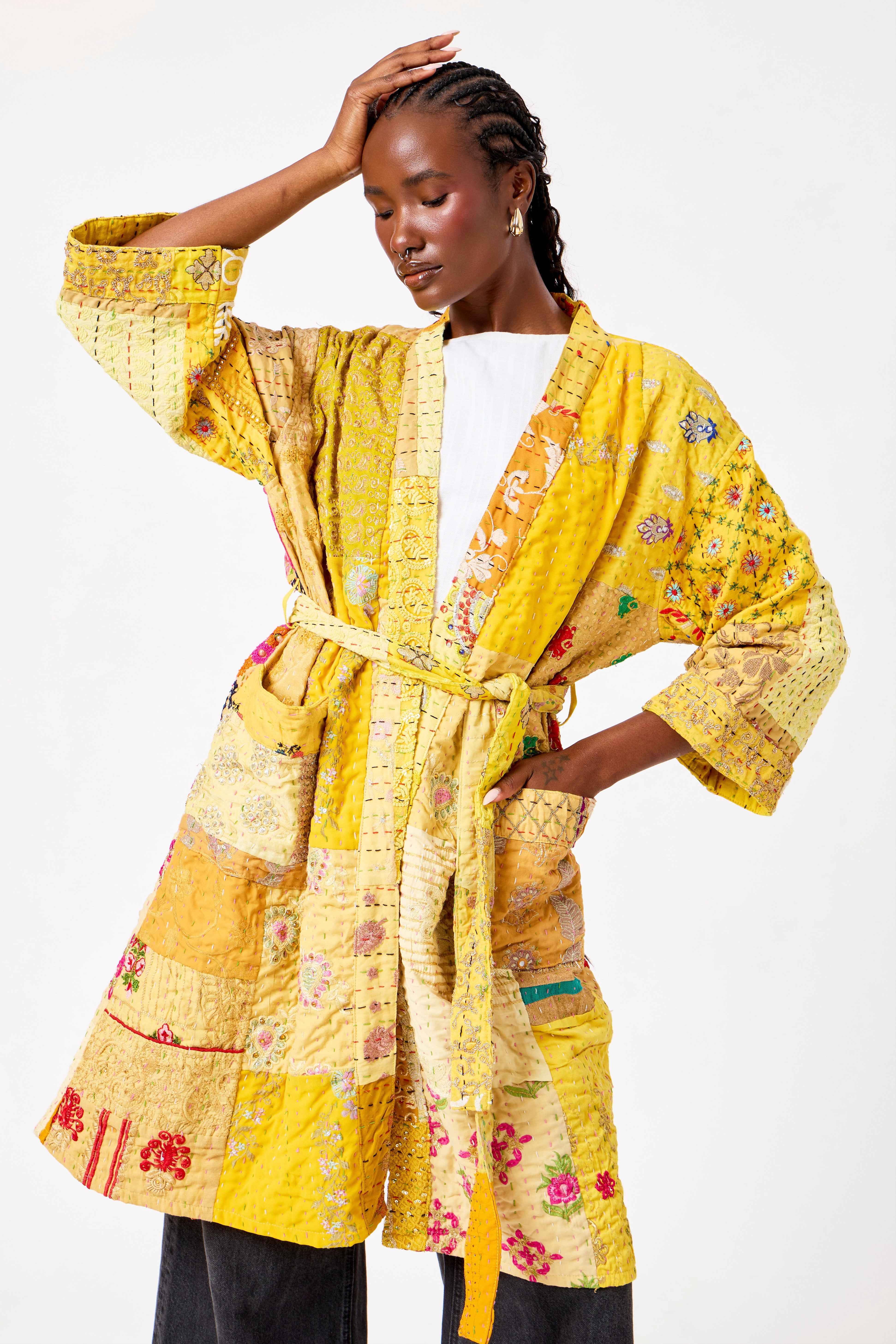 Image of Yellow Katha Cotton Silk Patchwork Short Kimono with Kantha Stitching & Vibrant Heritage Design | Shamsa