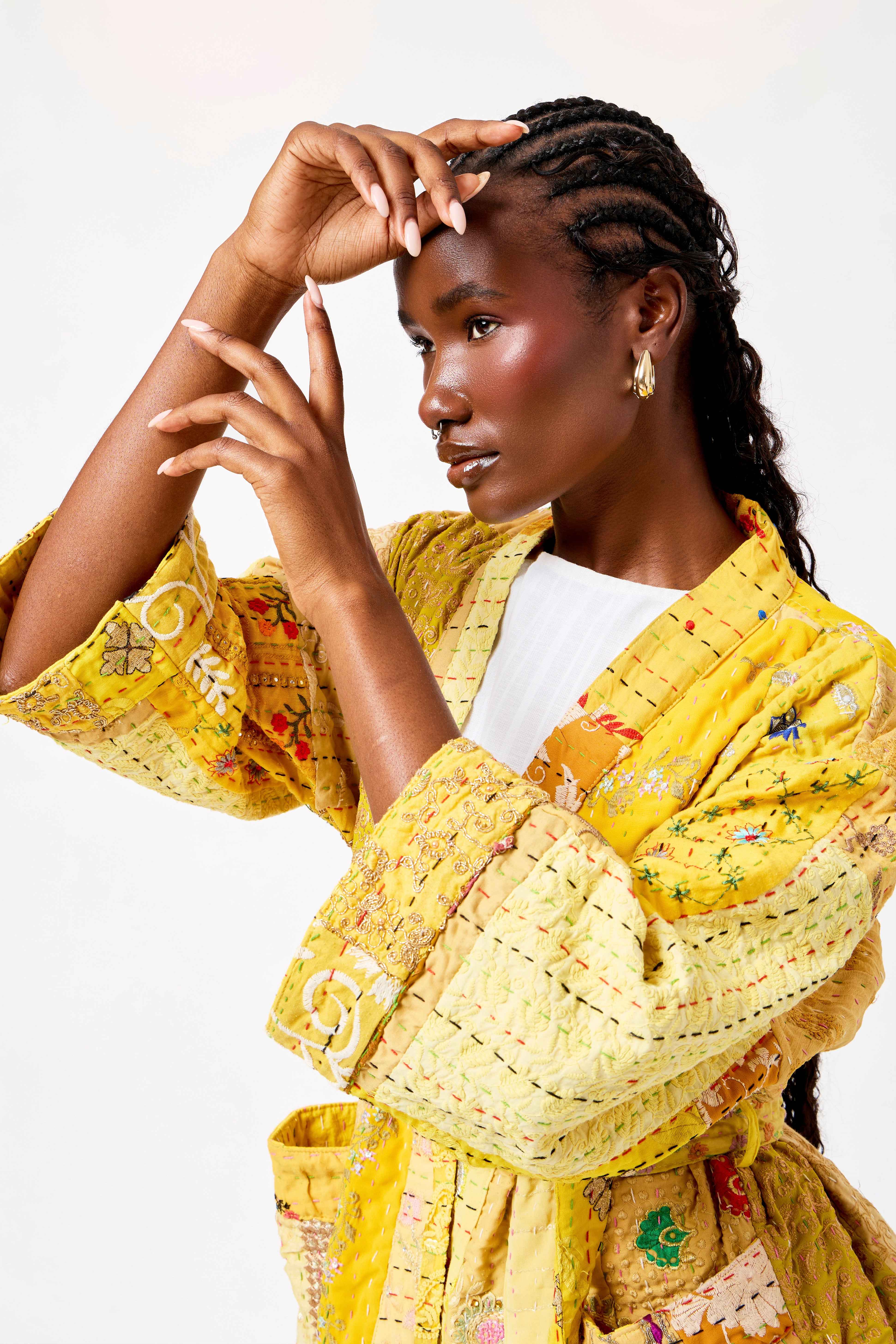 Image of Yellow Katha Cotton Silk Patchwork Short Kimono with Kantha Stitching & Vibrant Heritage Design | Shamsa