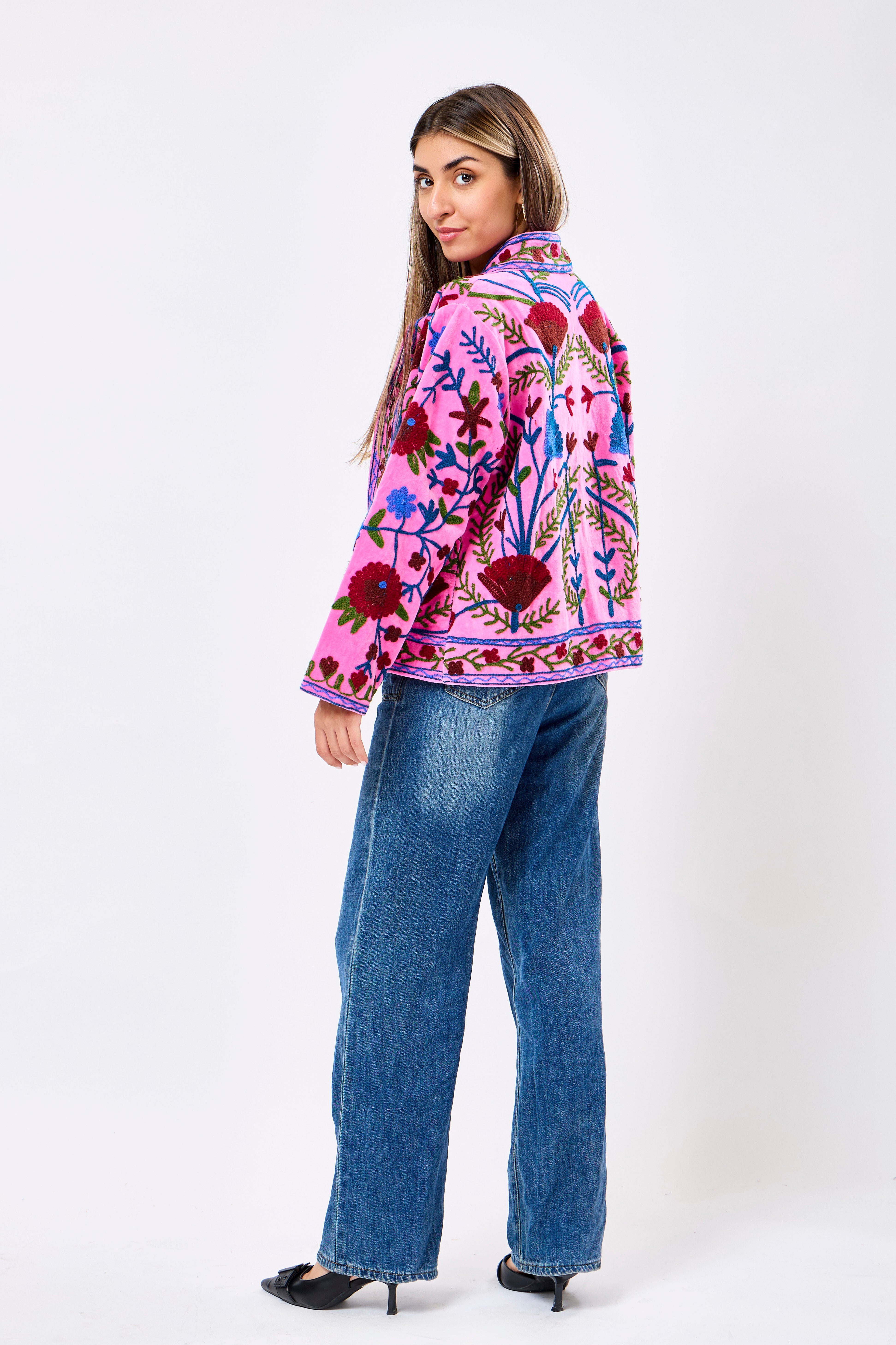 Image of Reversible Velvet Short Jacket with Floral Embroidery in Vibrant Pink Statement Design | Elvara