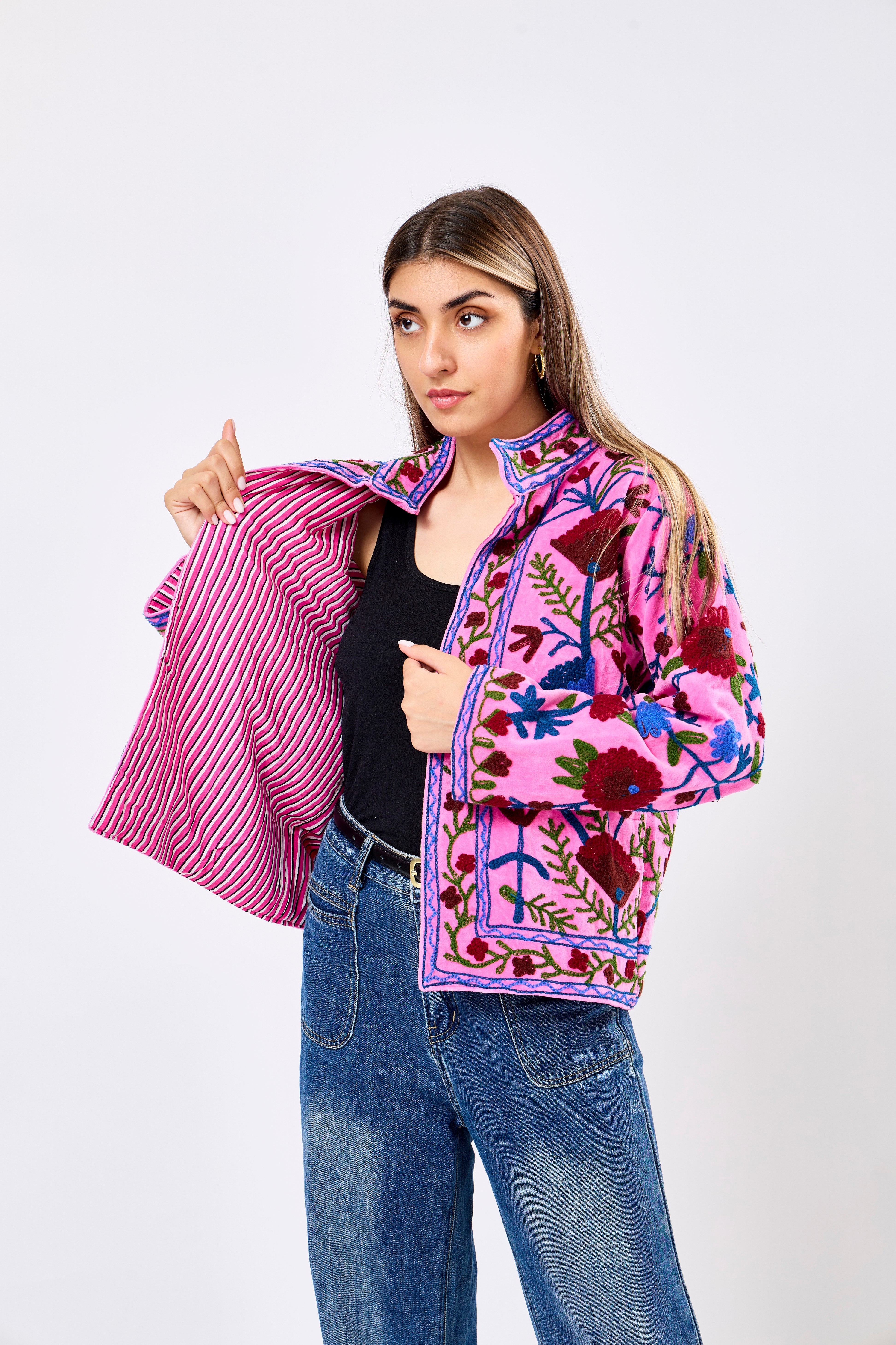 Image of Reversible Velvet Short Jacket with Floral Embroidery in Vibrant Pink Statement Design | Elvara