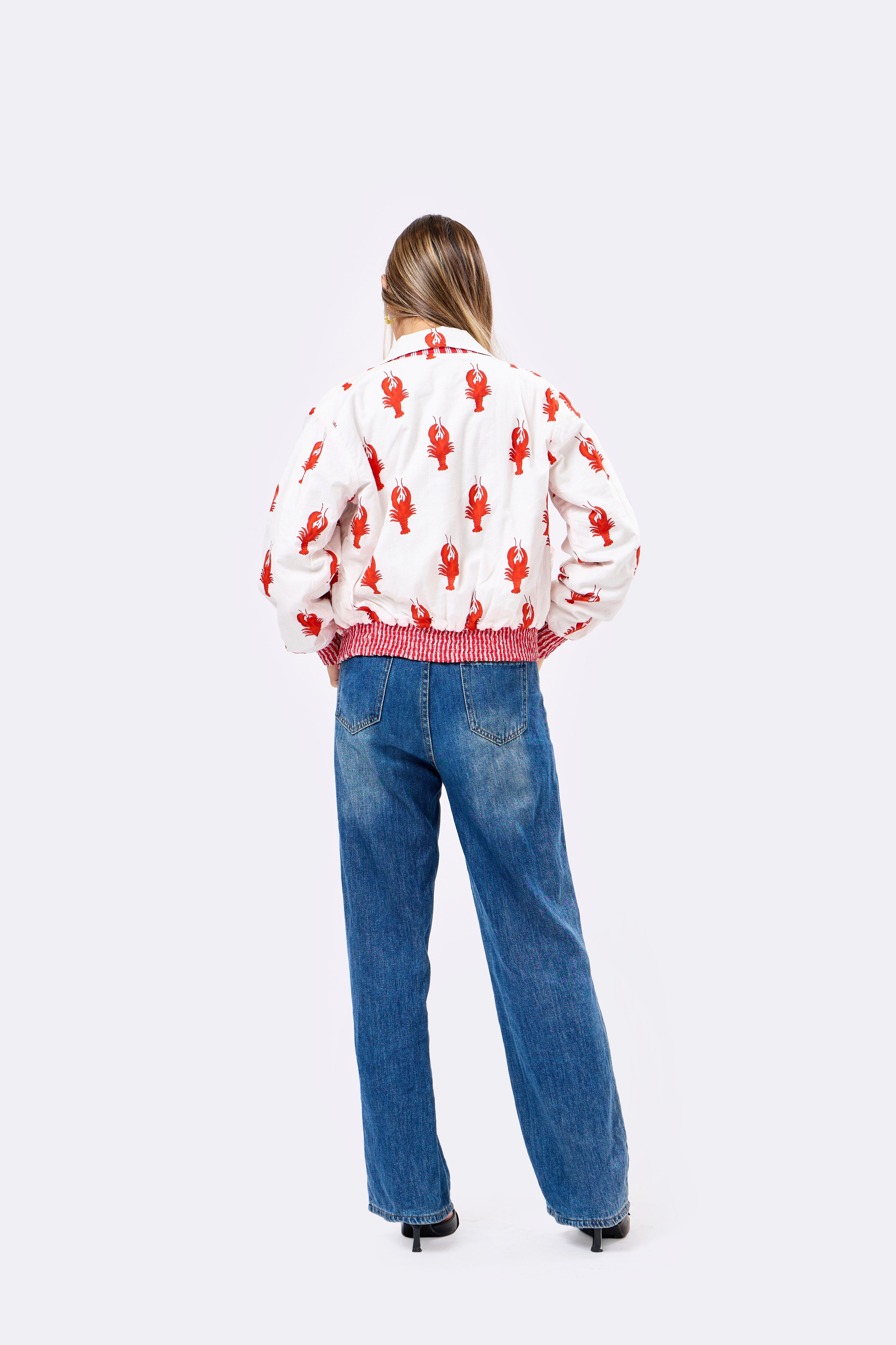 Image of Reversible Multicolour Hand Block Printed Cotton Bomber Jacket with Lobster Motif | Sangmar